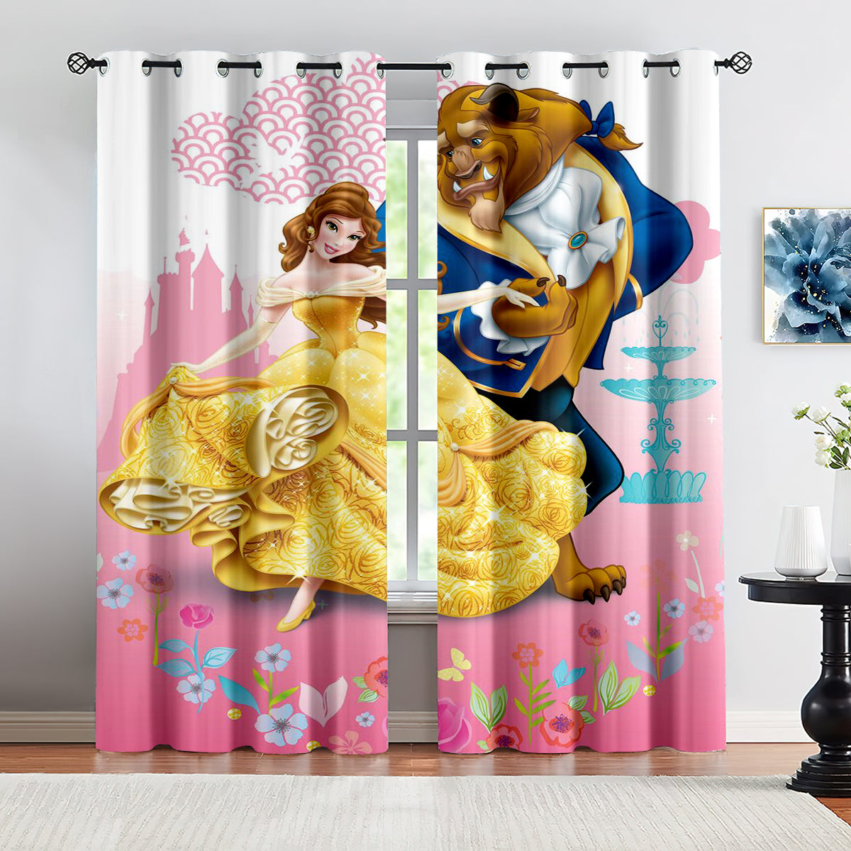 2024 NEW Cartoon Beauty and the Beast Curtains Pattern Blackout Window Drapes