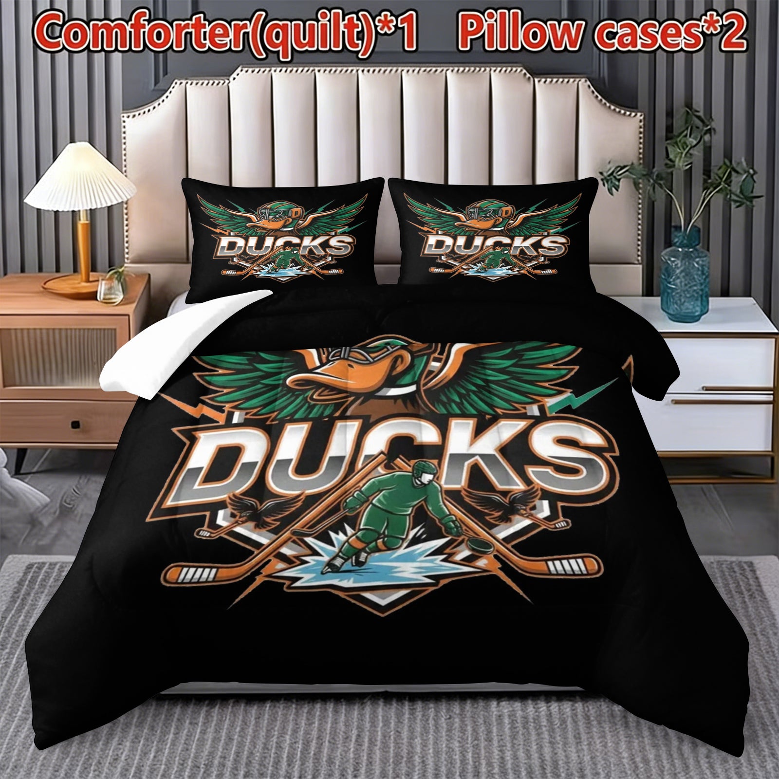 Anaheim Ducks Hockey League Comforter Pillowcase Sets Blanket All Season Reversible Quilted Duvet