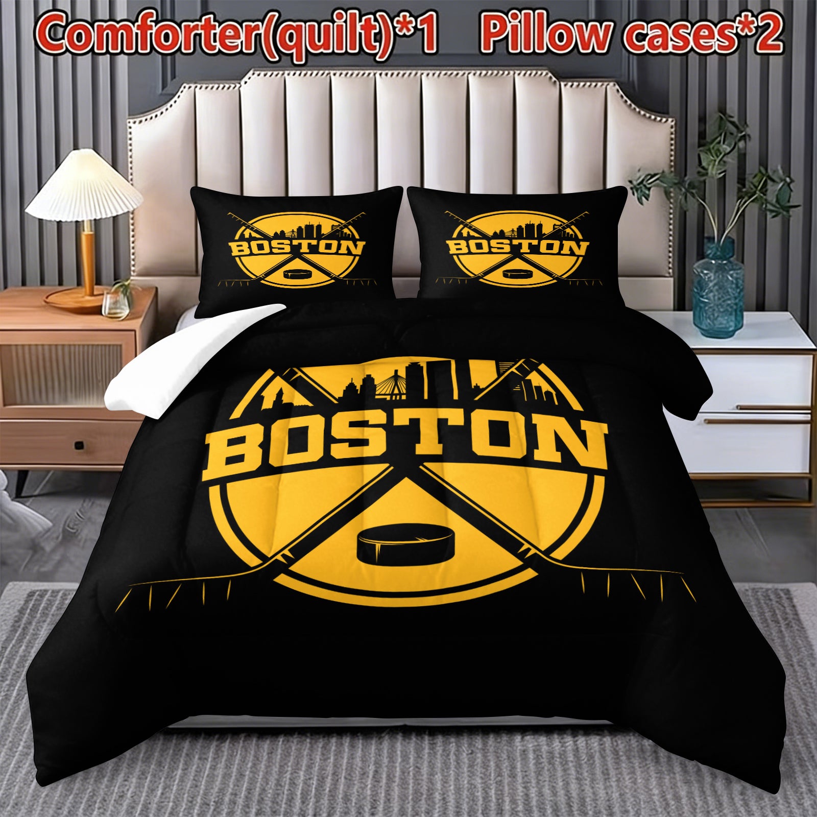 Boston Bruins Hockey League Comforter Pillowcase Sets Blanket All Season Reversible Quilted Duvet