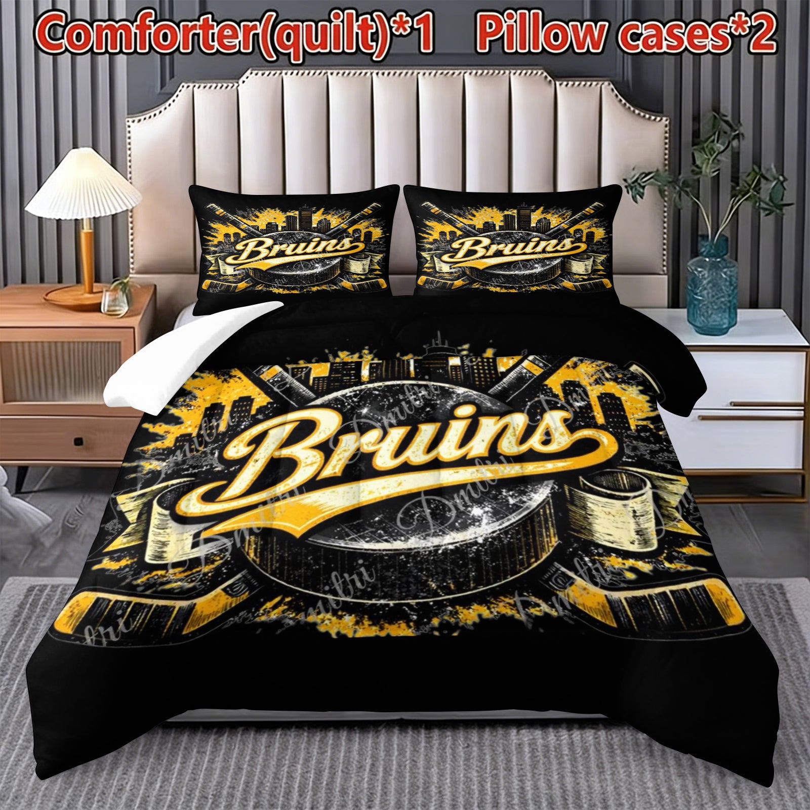 Boston Bruins Hockey League Comforter Pillowcase Sets Blanket All Season Reversible Quilted Duvet