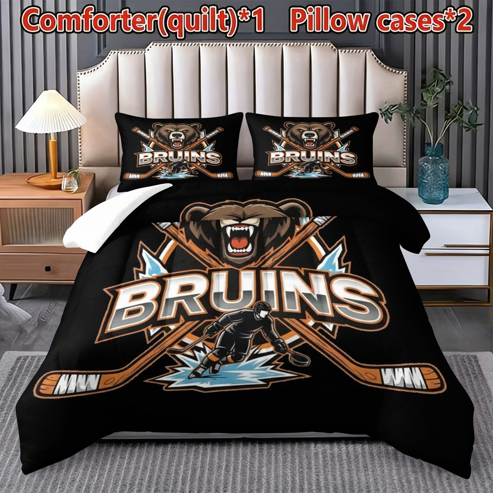 Boston Bruins Hockey League Comforter Pillowcase Sets Blanket All Season Reversible Quilted Duvet