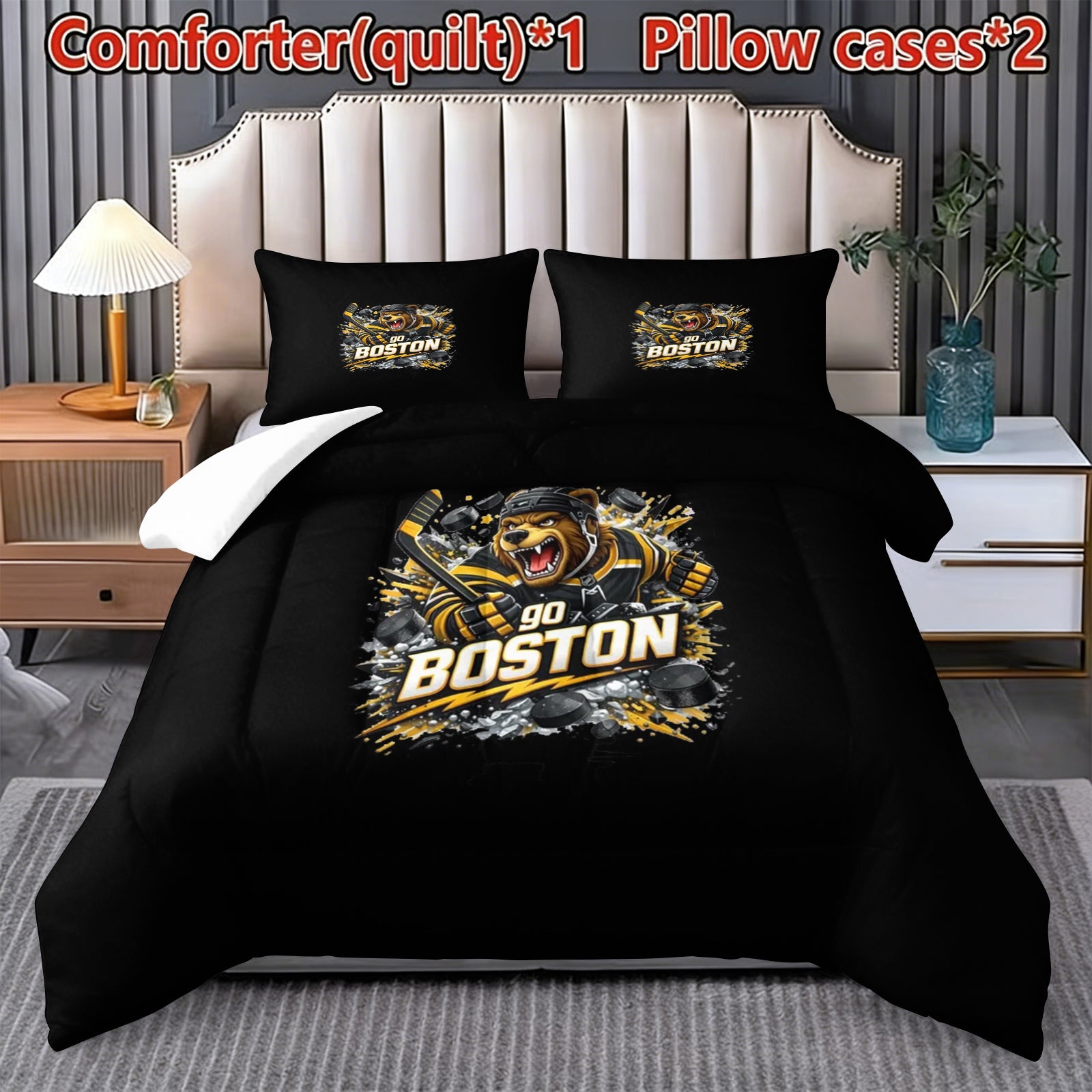 Boston Bruins Hockey League Comforter Pillowcase Sets Blanket All Season Reversible Quilted Duvet