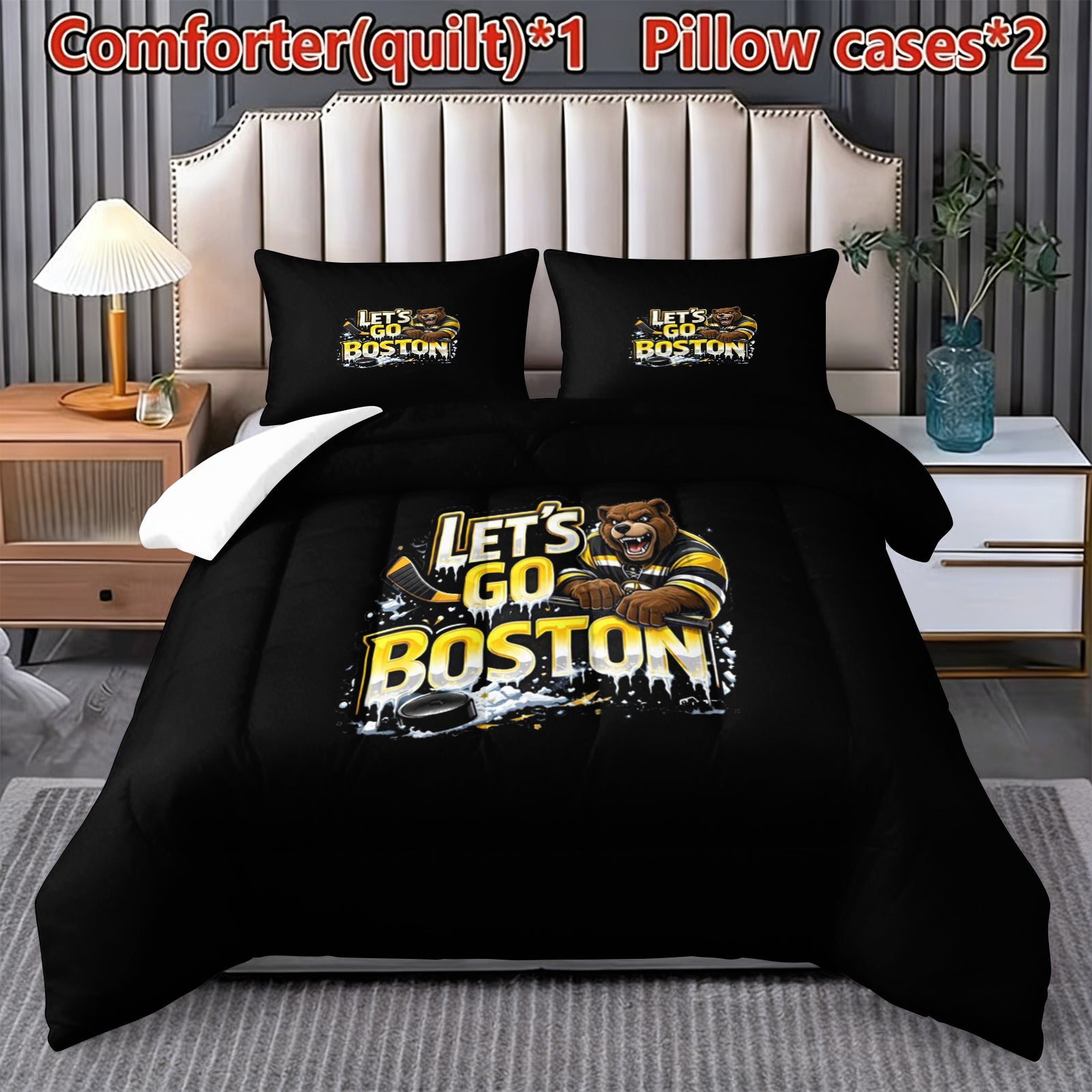 Boston Bruins Hockey League Comforter Pillowcase Sets Blanket All Season Reversible Quilted Duvet