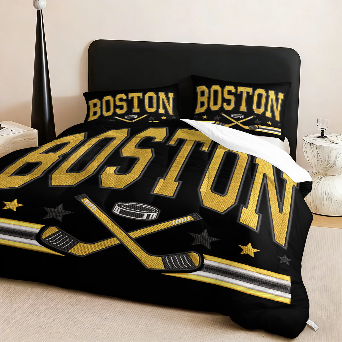 Boston Bruins Hockey League Comforter Pillowcase Sets Blanket All Season Reversible Quilted Duvet
