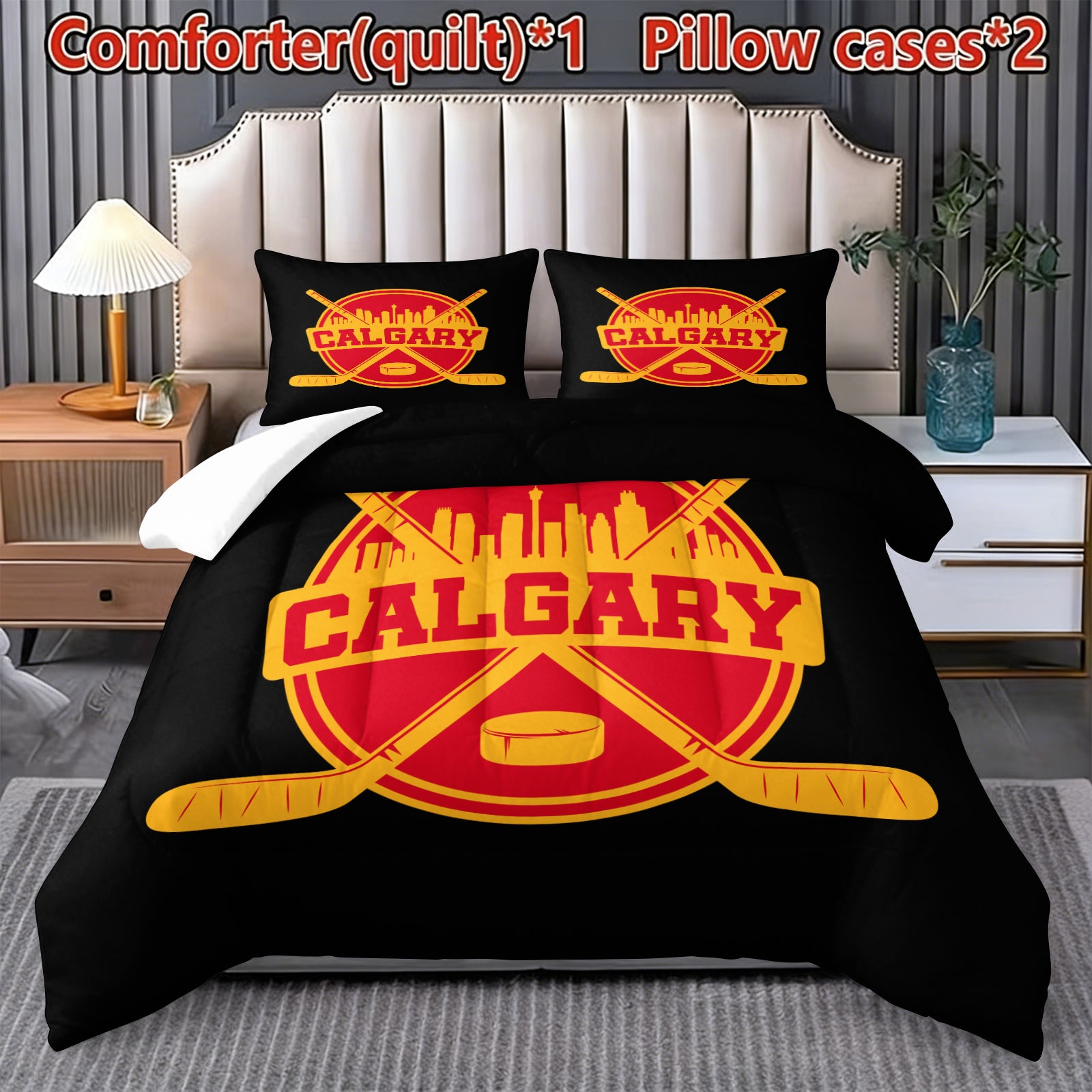 Calgary Flames Hockey League Comforter Pillowcase Sets Blanket All Season Reversible Quilted Duvet