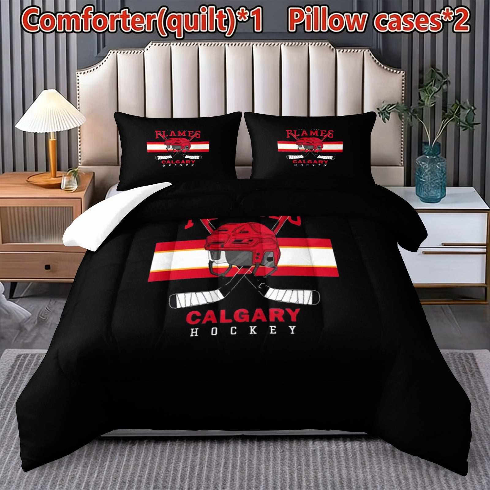 Calgary Flames Hockey League Comforter Pillowcase Sets Blanket All Season Reversible Quilted Duvet