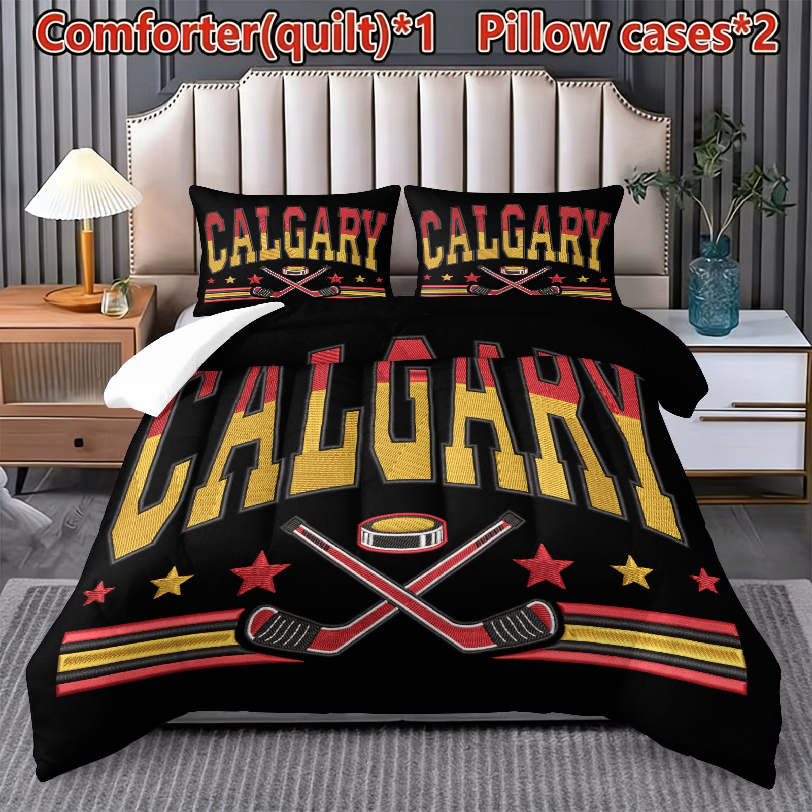 Calgary Flames Hockey League Comforter Pillowcase Sets Blanket All Season Reversible Quilted Duvet