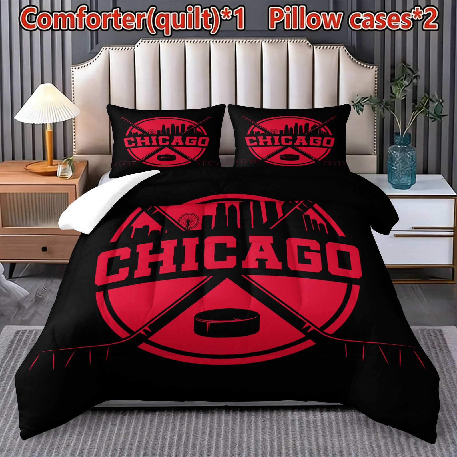 Chicago Blackhawks Hockey League Comforter Pillowcase Sets Blanket All Season Reversible Quilted Duvet