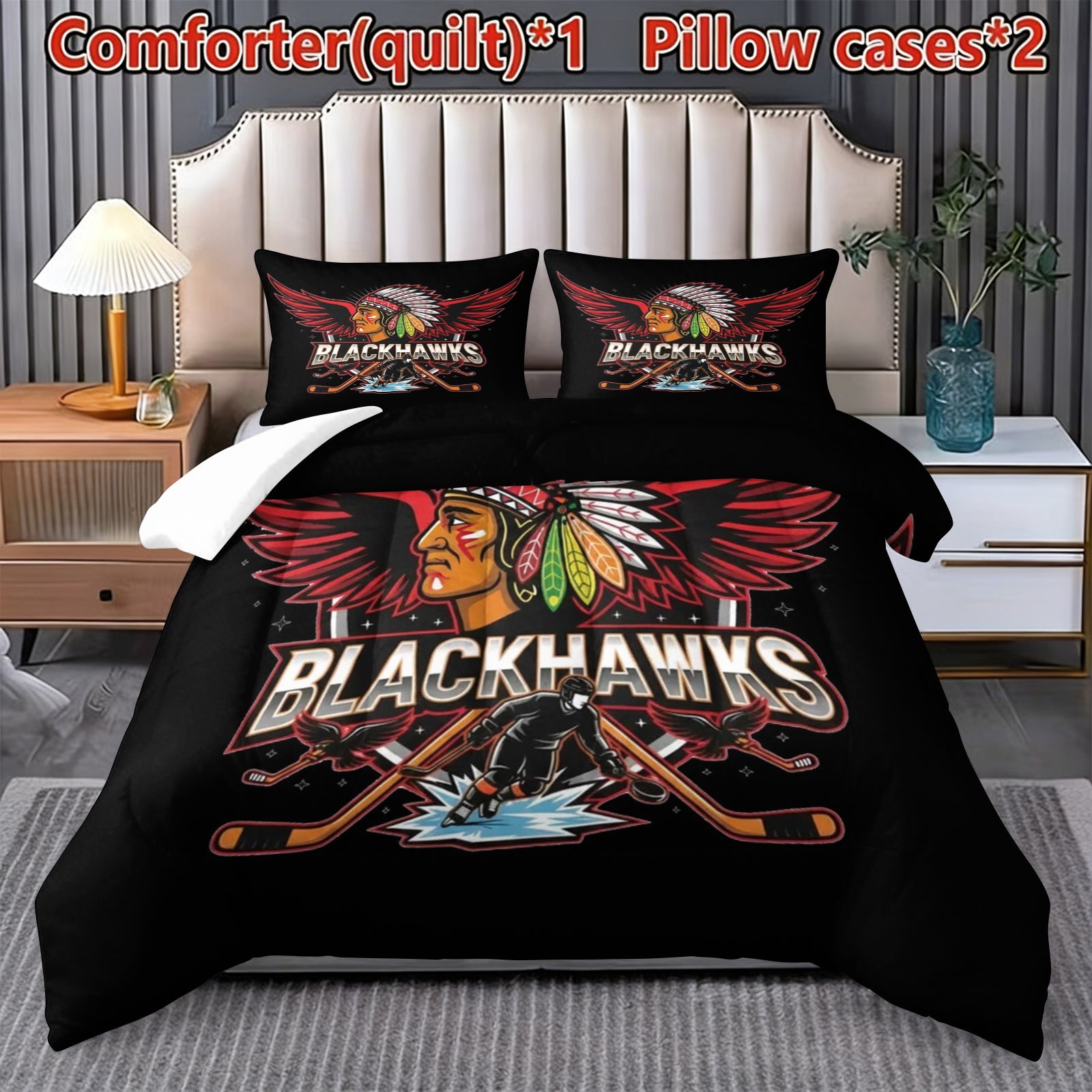Chicago Blackhawks Hockey League Comforter Pillowcase Sets Blanket All Season Reversible Quilted Duvet