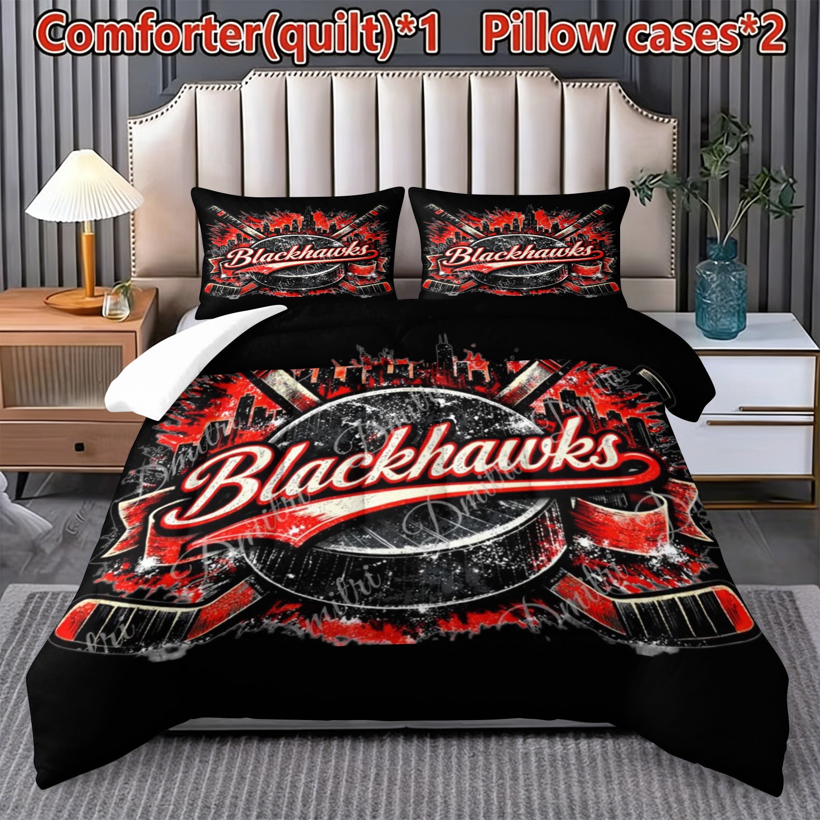 Chicago Blackhawks Hockey League Comforter Pillowcase Sets Blanket All Season Reversible Quilted Duvet