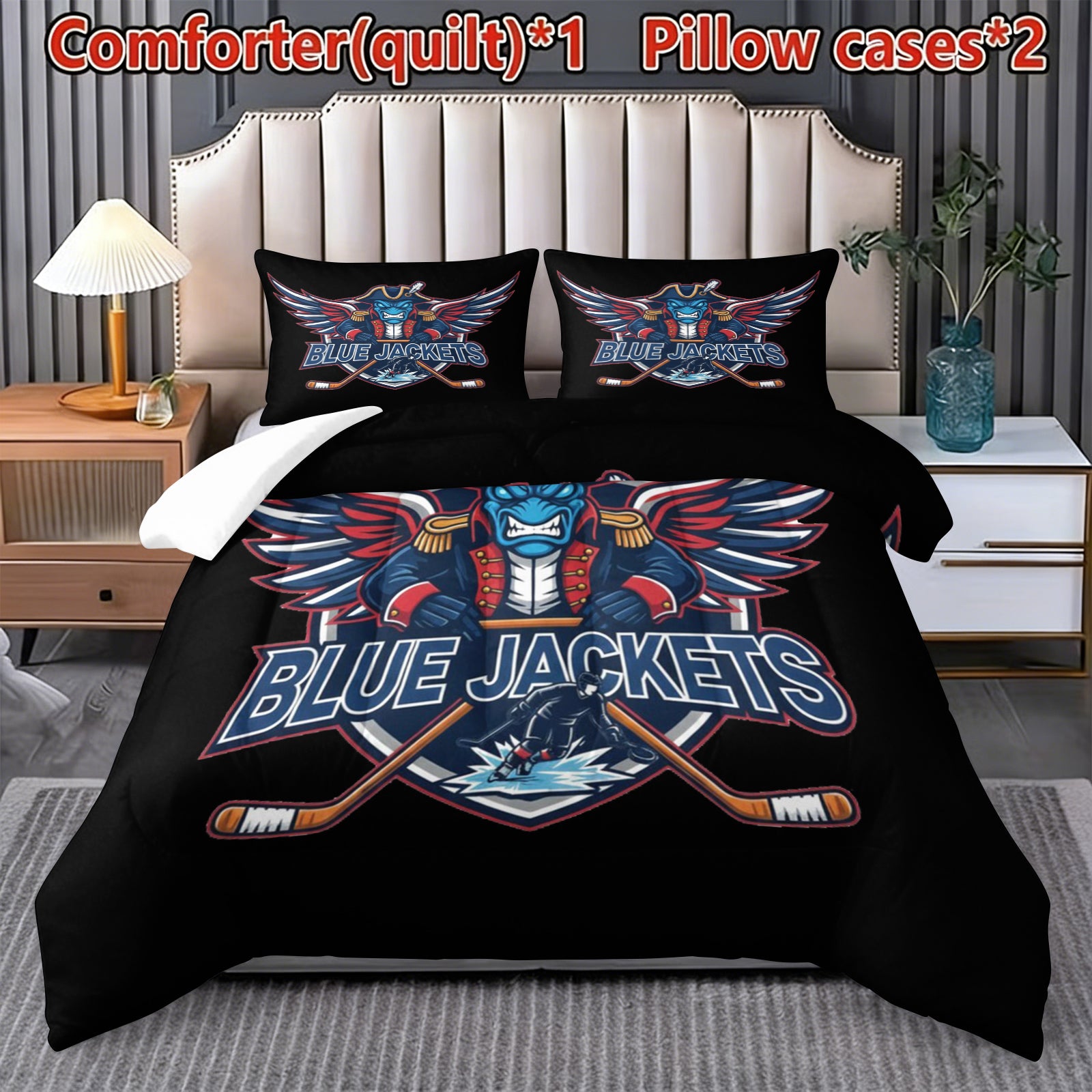 Columbus Blue Jackets Hockey League Comforter Pillowcase Sets Blanket All Season Reversible Quilted Duvet