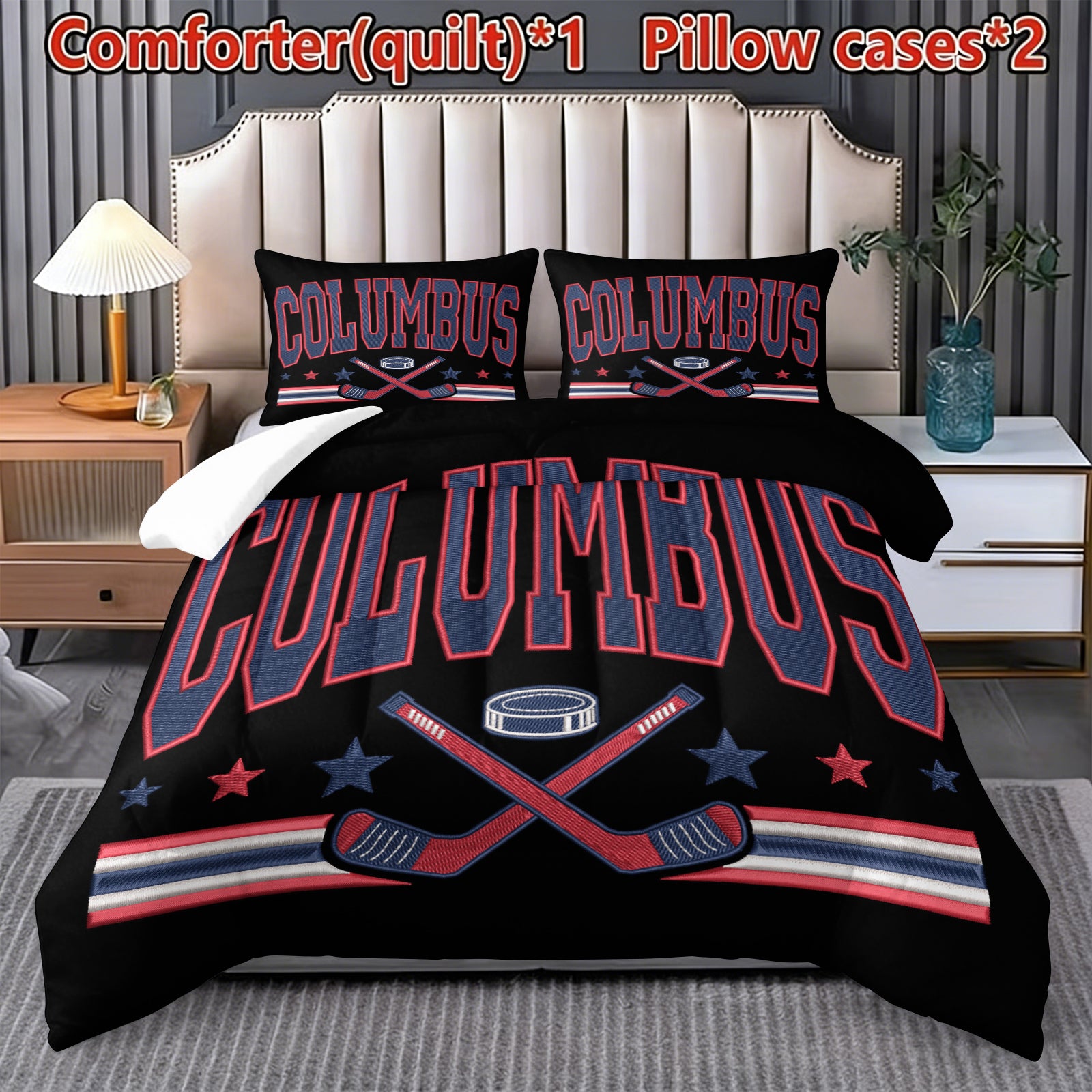 Columbus Blue Jackets Hockey League Comforter Pillowcase Sets Blanket All Season Reversible Quilted Duvet