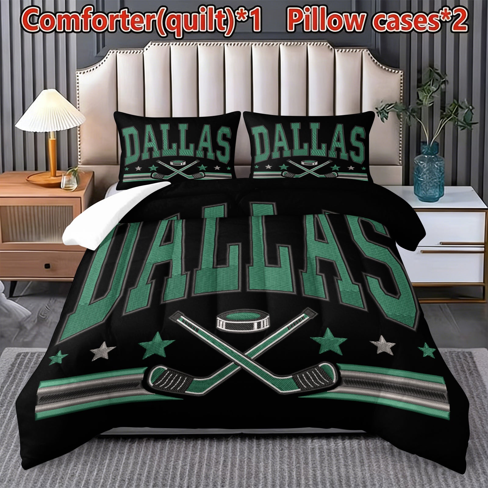 Dallas Stars Hockey League Comforter Pillowcase Sets Blanket All Season Reversible Quilted Duvet