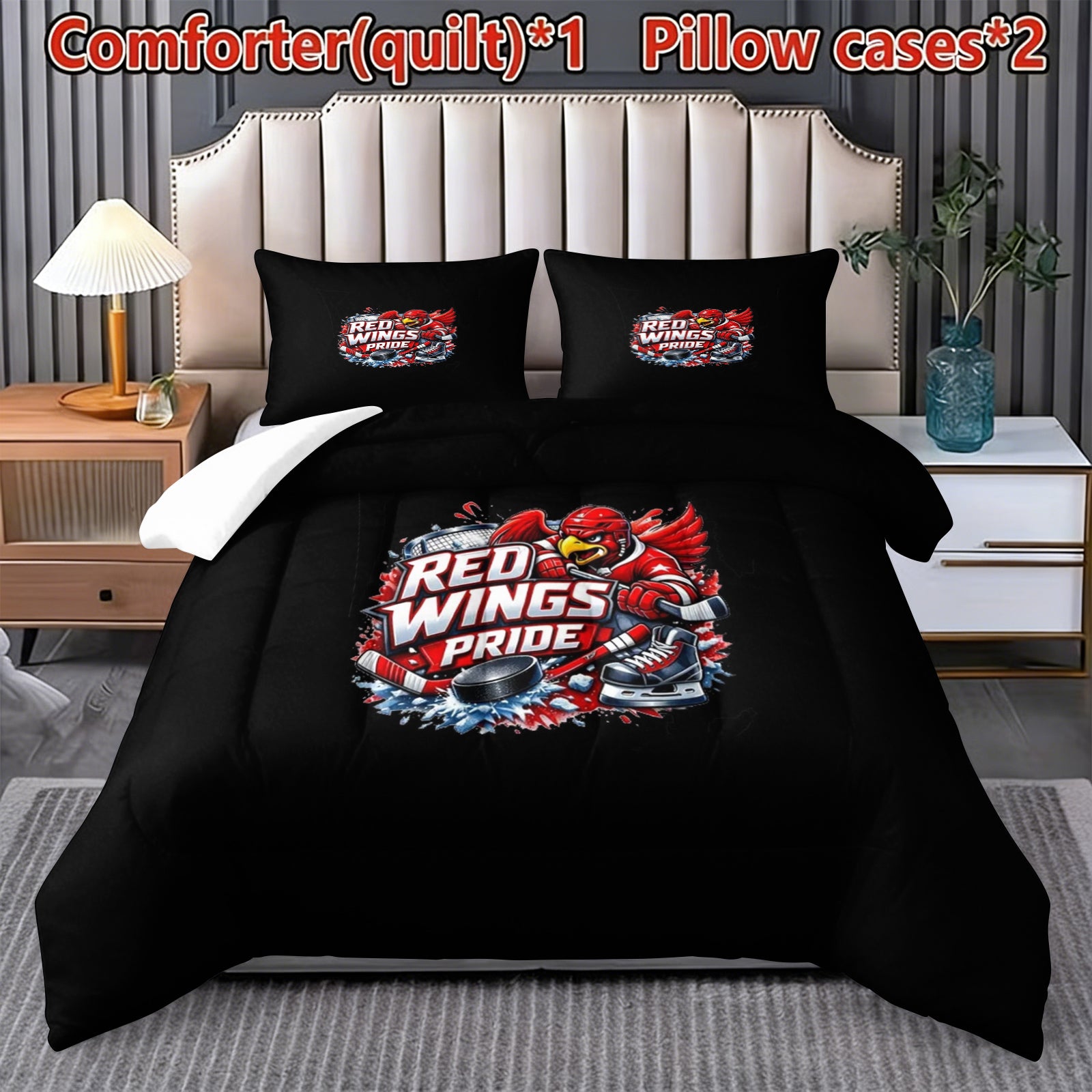 Detroit Red Wings Hockey League Comforter Pillowcase Sets Blanket All Season Reversible Quilted Duvet