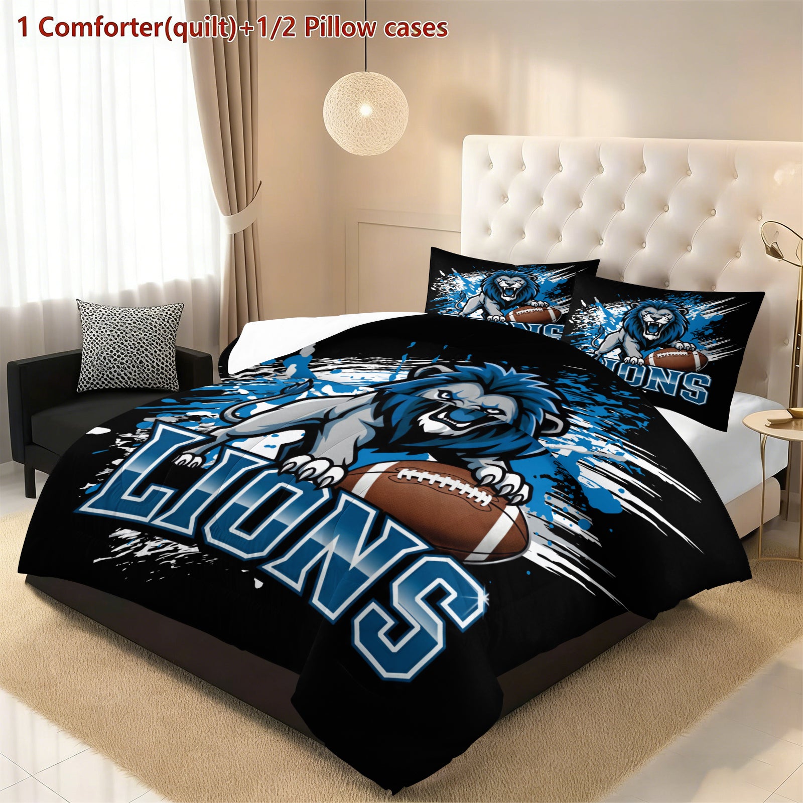 Detroit Lions Comforter Pillowcase Sets Blanket All Season Reversible Quilted Duvet