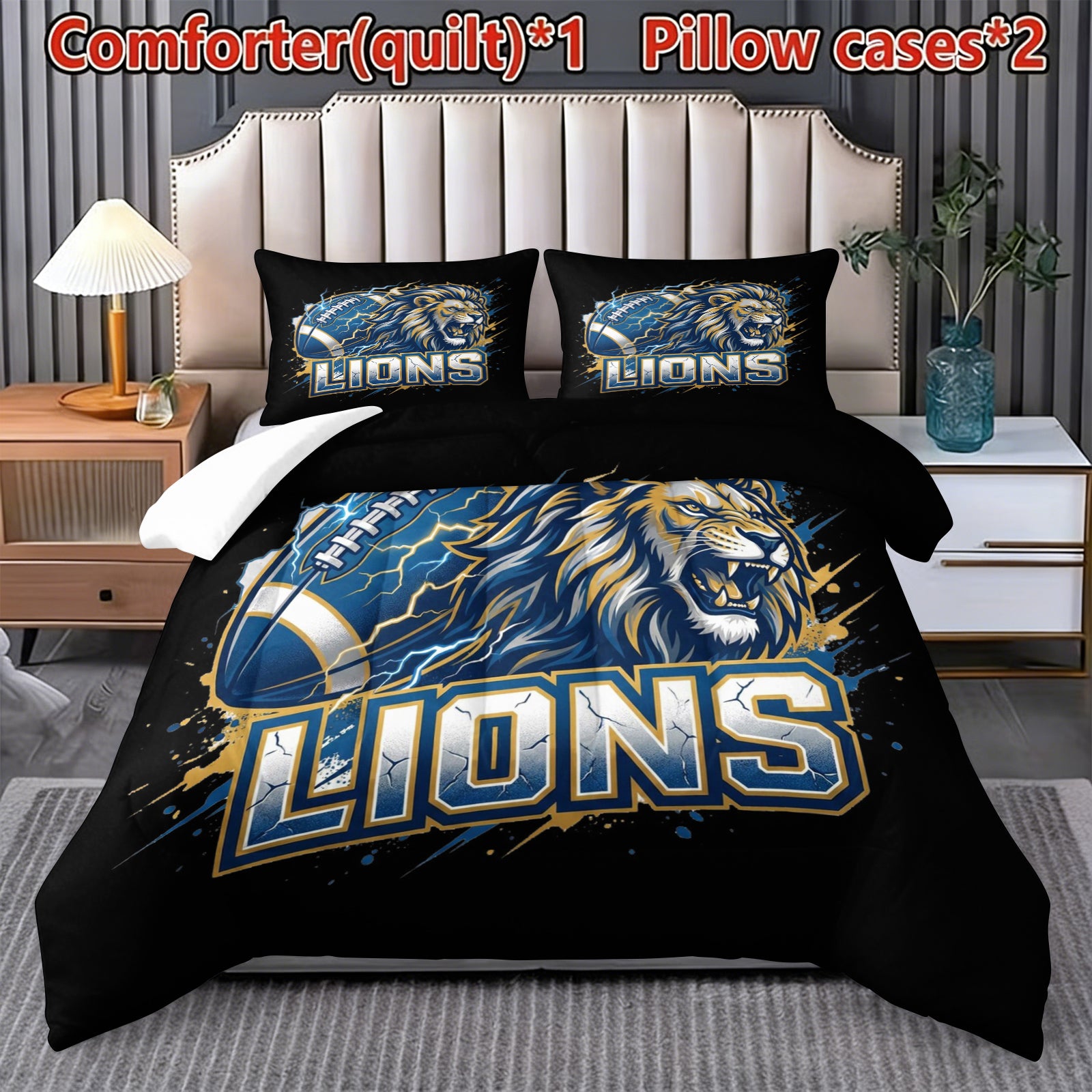 Detroit Lions Comforter Pillowcase Sets Blanket All Season Reversible Quilted Duvet