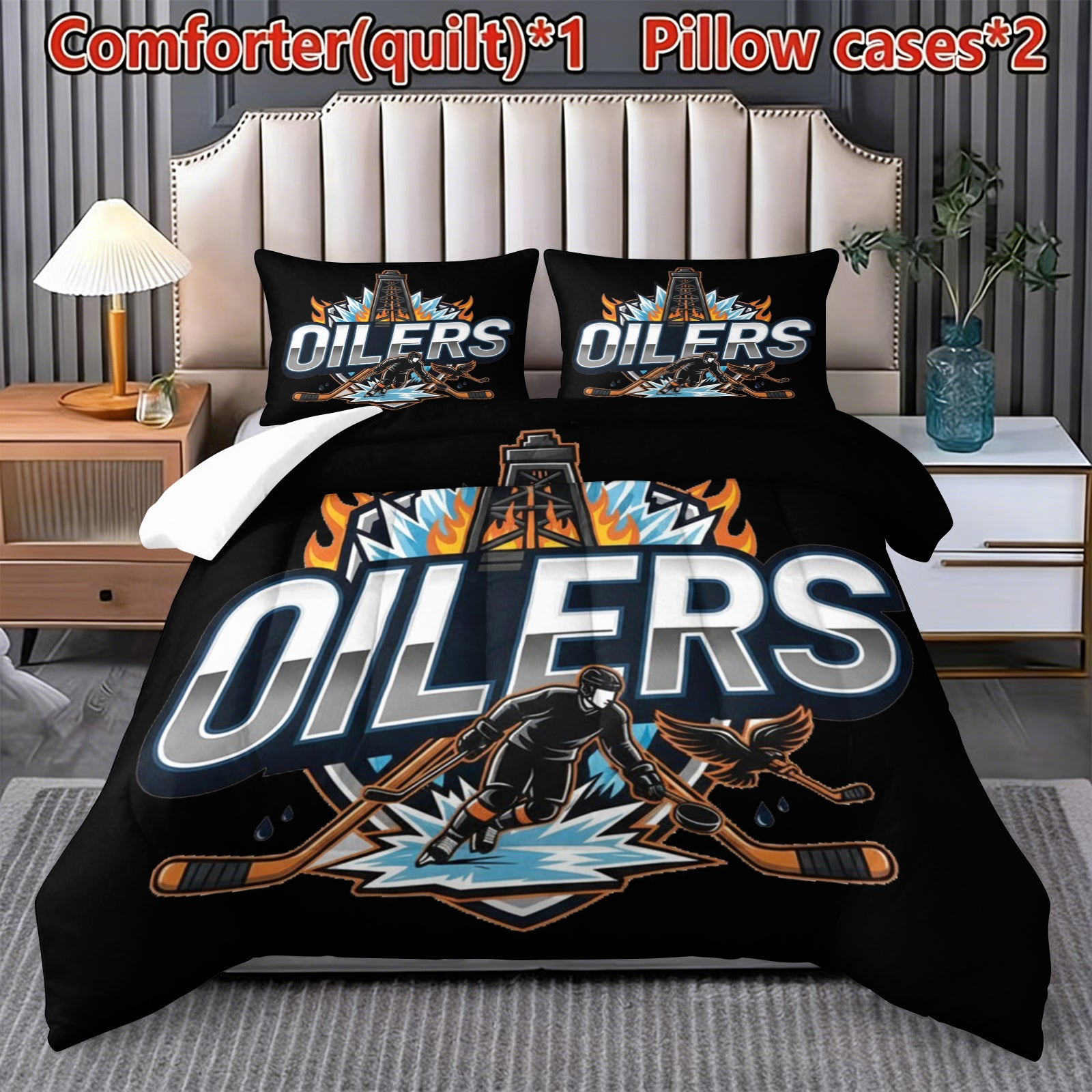 Edmonton Oilers Hockey League Comforter Pillowcase Sets Blanket All Season Reversible Quilted Duvet