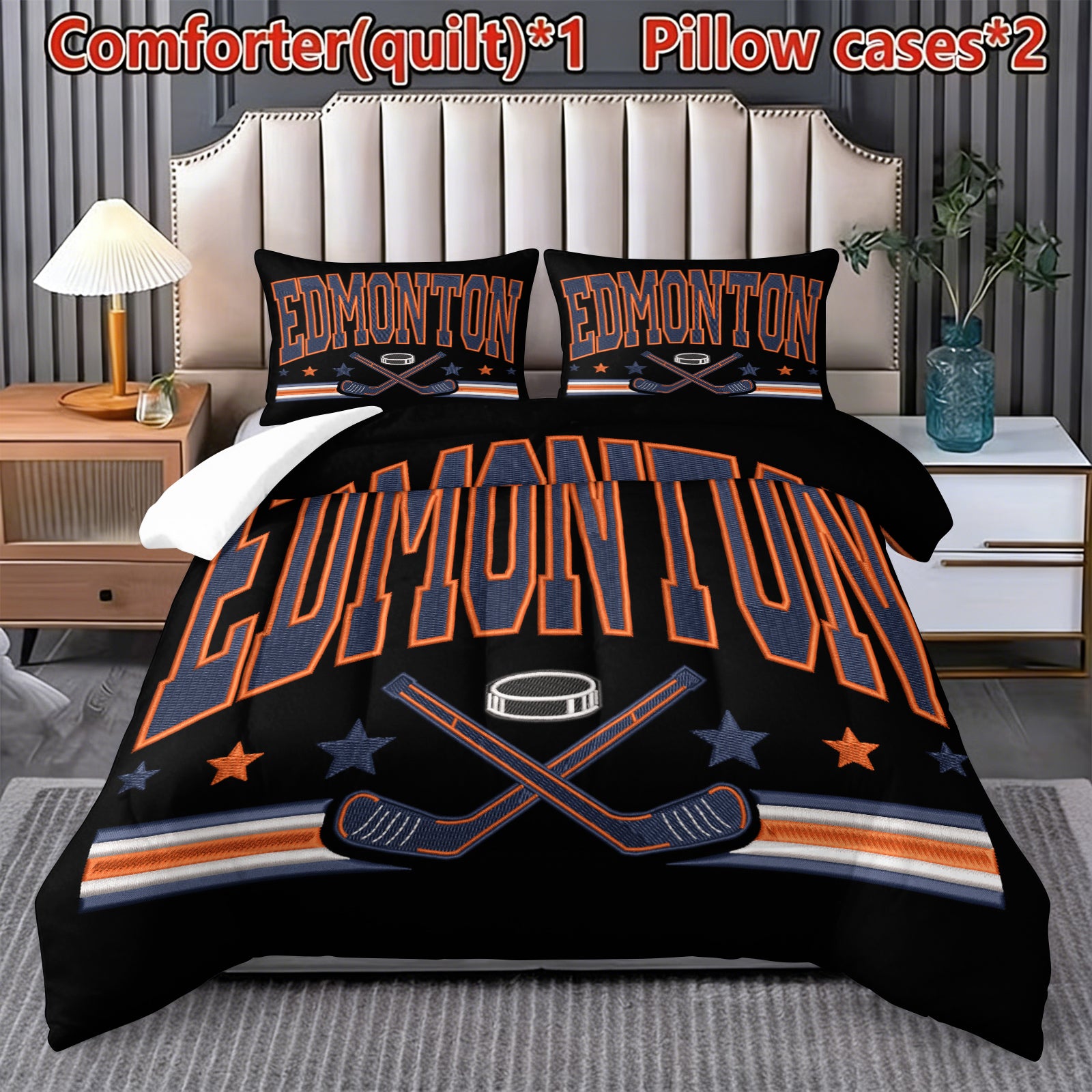 Edmonton Oilers Hockey League Comforter Pillowcase Sets Blanket All Season Reversible Quilted Duvet