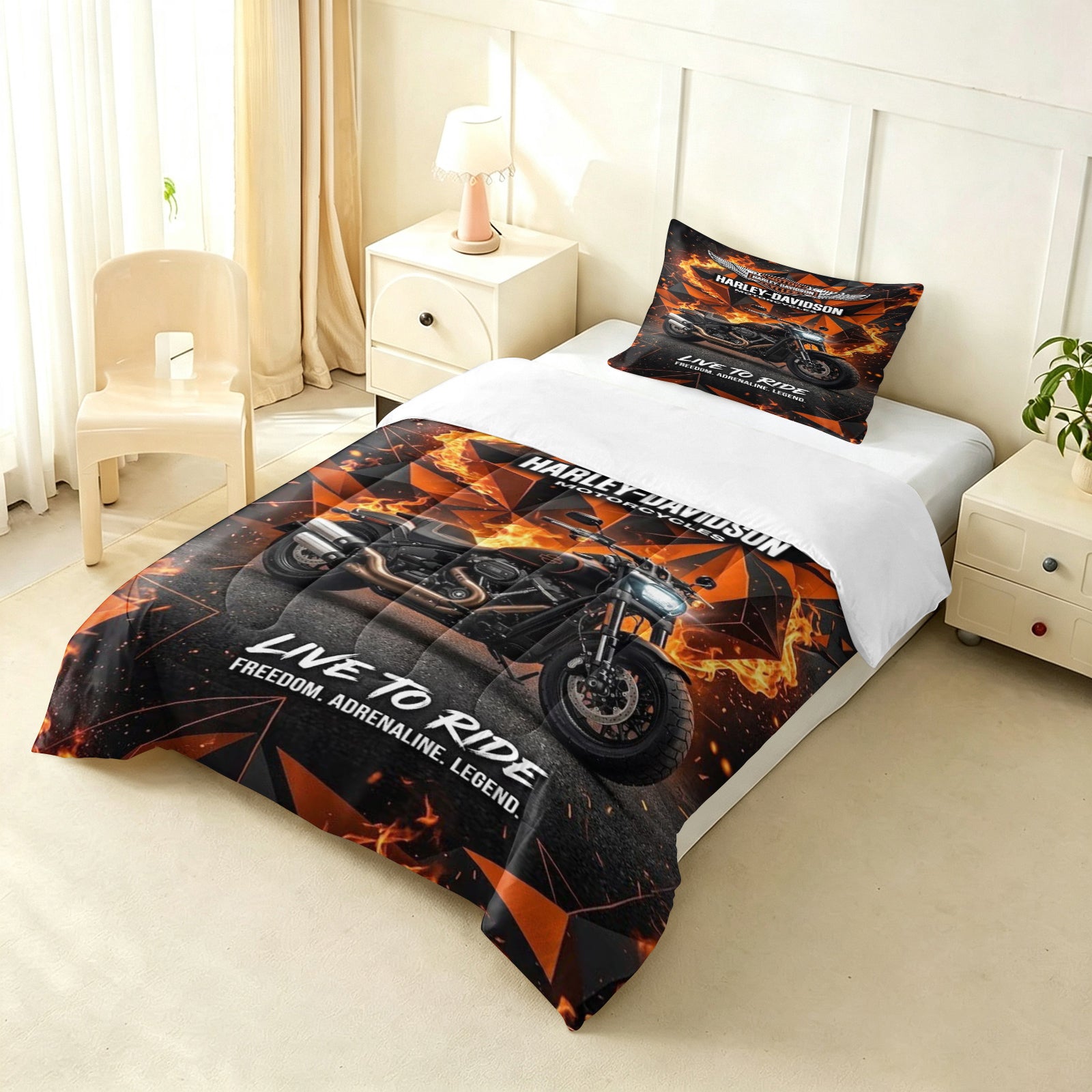 Harley Davidson Motorcycle Comforter Pillowcase Sets Blanket All Season Reversible Quilted Duvet