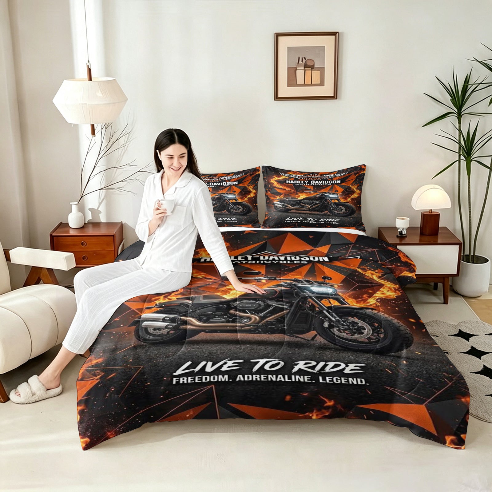 Harley Davidson Motorcycle Comforter Pillowcase Sets Blanket All Season Reversible Quilted Duvet
