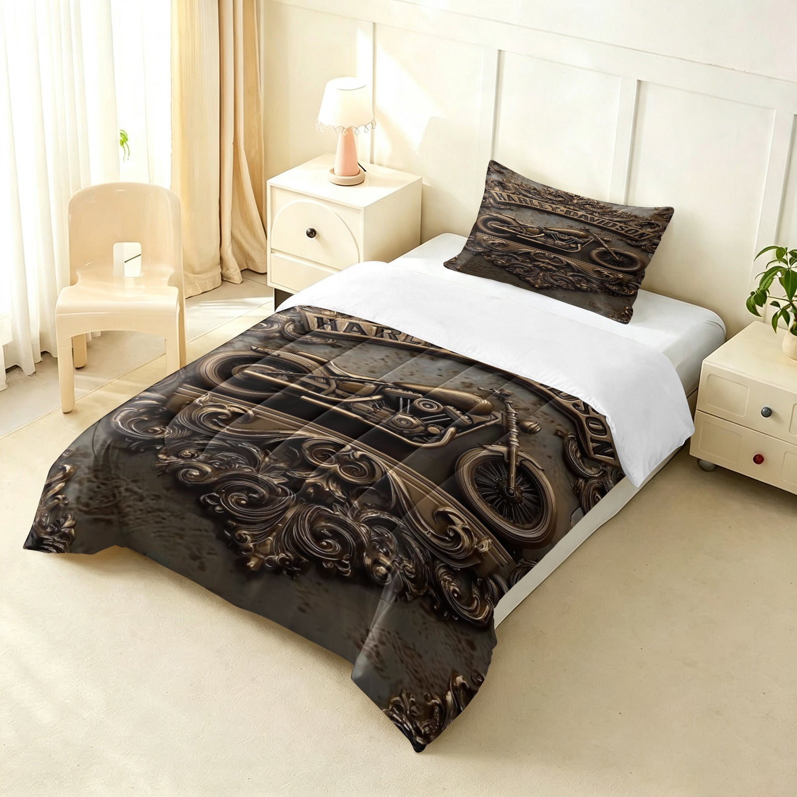 Harley Davidson Motorcycle Comforter Pillowcase Sets Blanket All Season Reversible Quilted Duvet