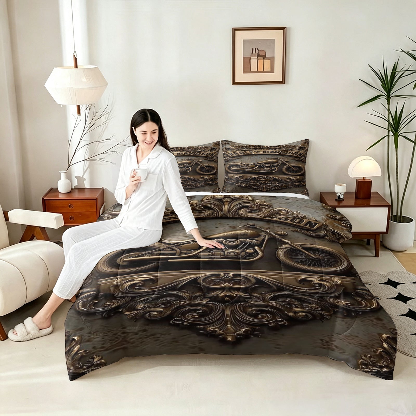 Harley Davidson Motorcycle Comforter Pillowcase Sets Blanket All Season Reversible Quilted Duvet