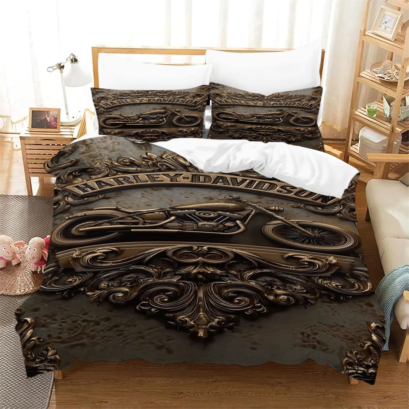 Harley Davidson Motorcycle Duvet Cover Quilt Case Pillowcase Bedding Set Without Filler