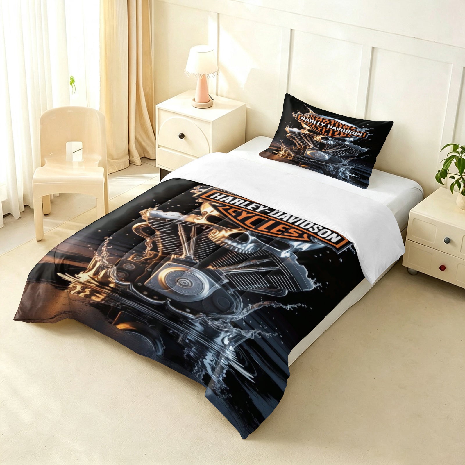 Harley Davidson Motorcycle Comforter Pillowcase Sets Blanket All Season Reversible Quilted Duvet