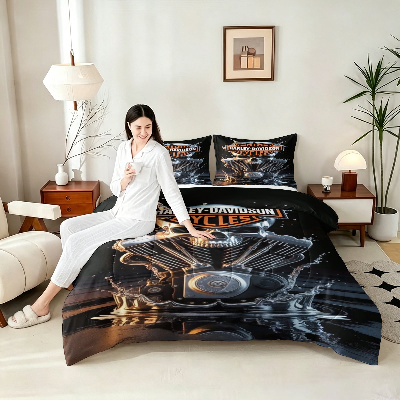 Harley Davidson Motorcycle Comforter Pillowcase Sets Blanket All Season Reversible Quilted Duvet