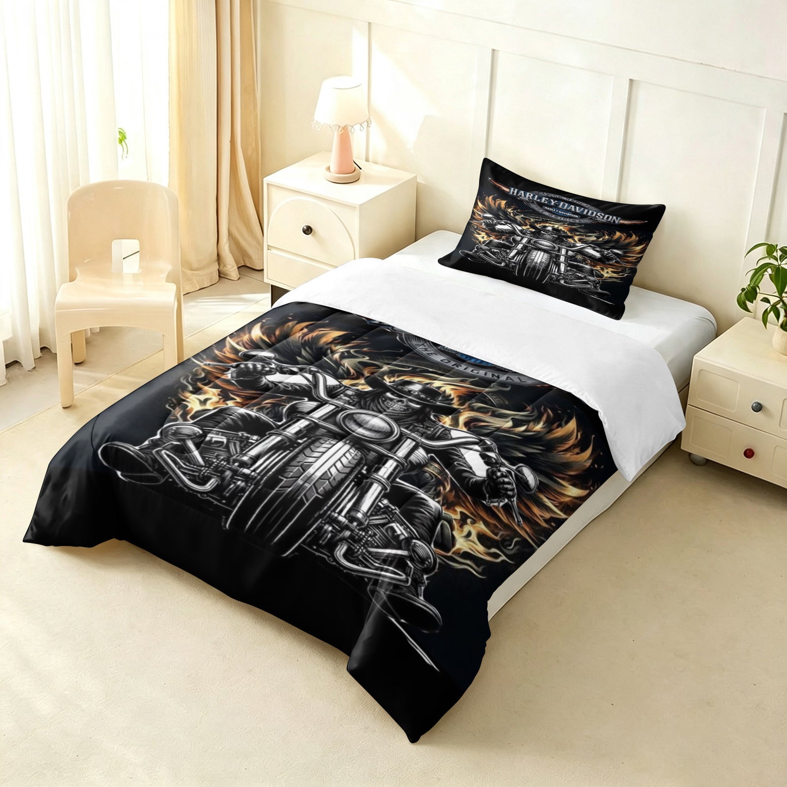 Harley Davidson Motorcycle Comforter Pillowcase Sets Blanket All Season Reversible Quilted Duvet