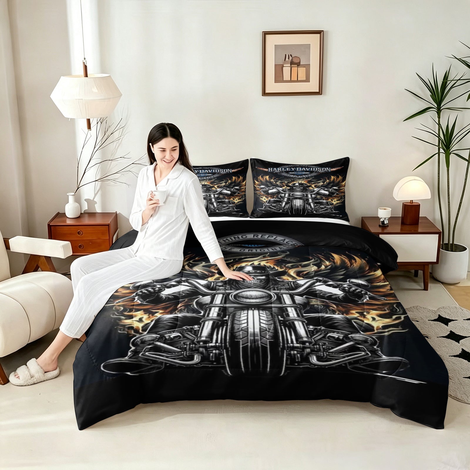 Harley Davidson Motorcycle Comforter Pillowcase Sets Blanket All Season Reversible Quilted Duvet