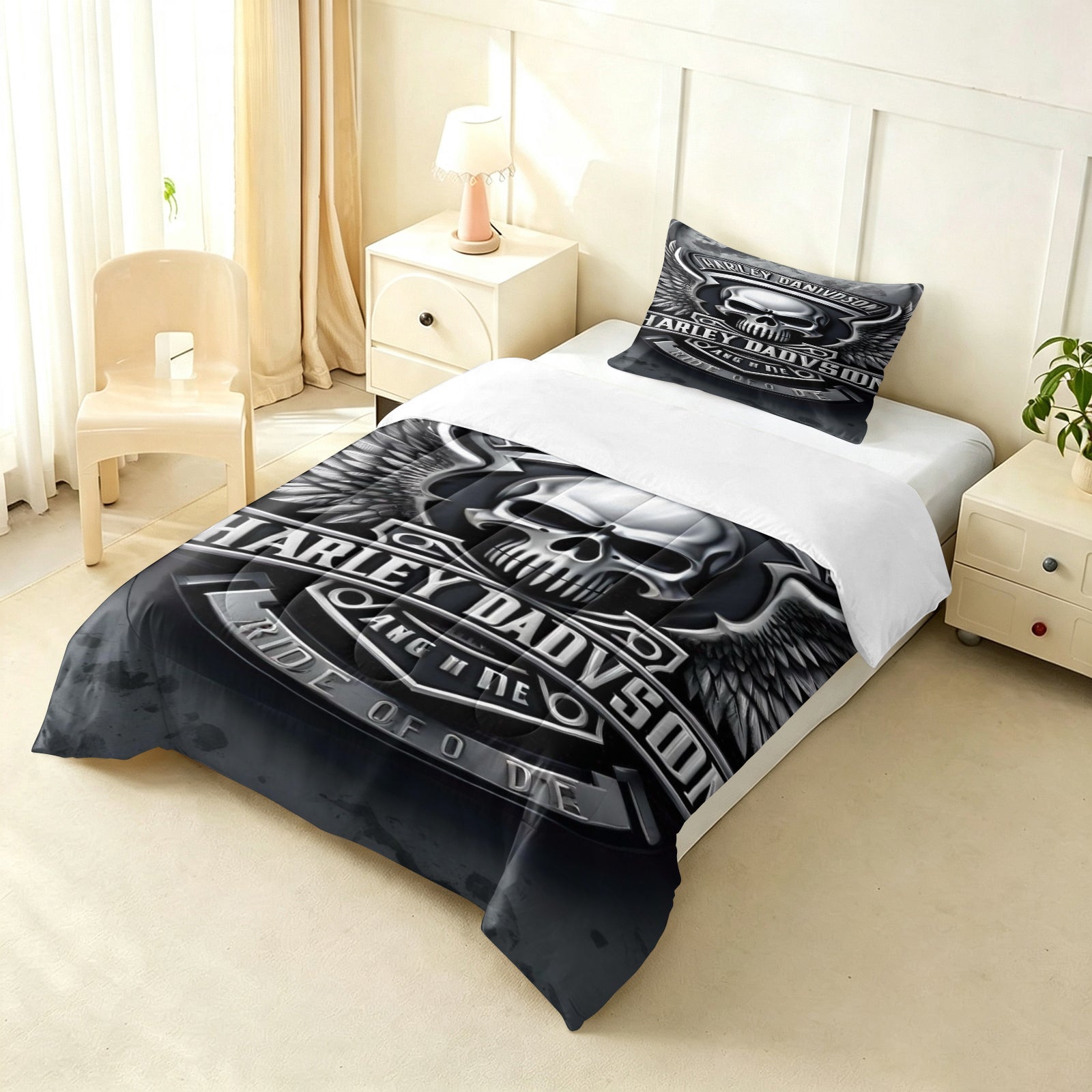 Harley Davidson Motorcycle Comforter Pillowcase Sets Blanket All Season Reversible Quilted Duvet