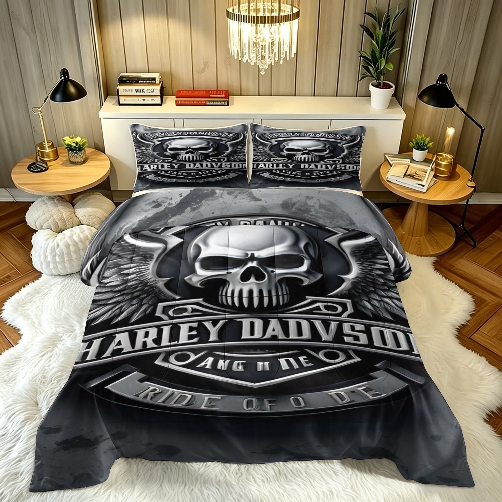 Harley Davidson Motorcycle Comforter Pillowcase Sets Blanket All Season Reversible Quilted Duvet
