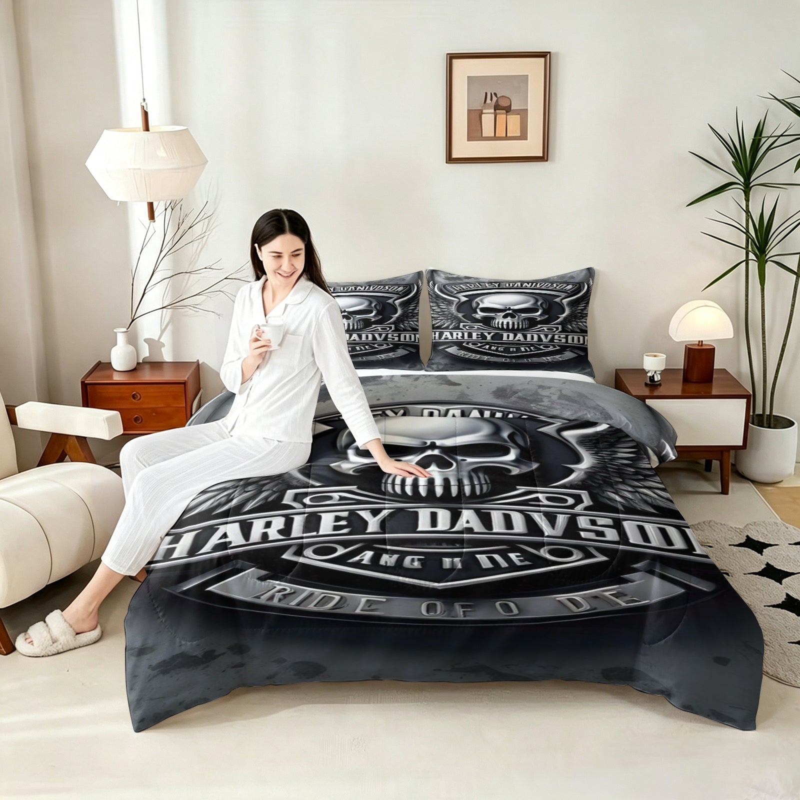 Harley Davidson Motorcycle Comforter Pillowcase Sets Blanket All Season Reversible Quilted Duvet