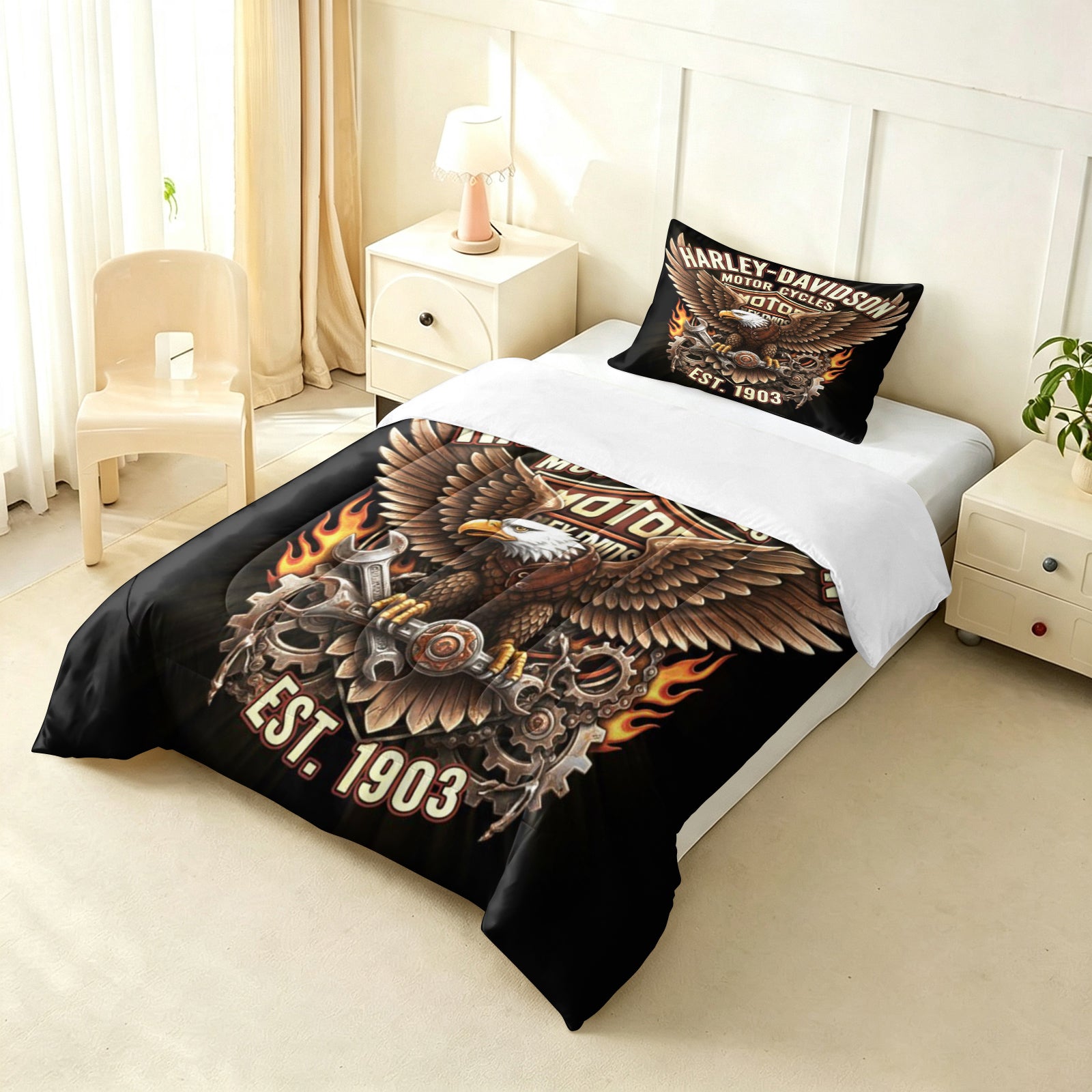Harley Davidson Motorcycle Comforter Pillowcase Sets Blanket All Season Reversible Quilted Duvet