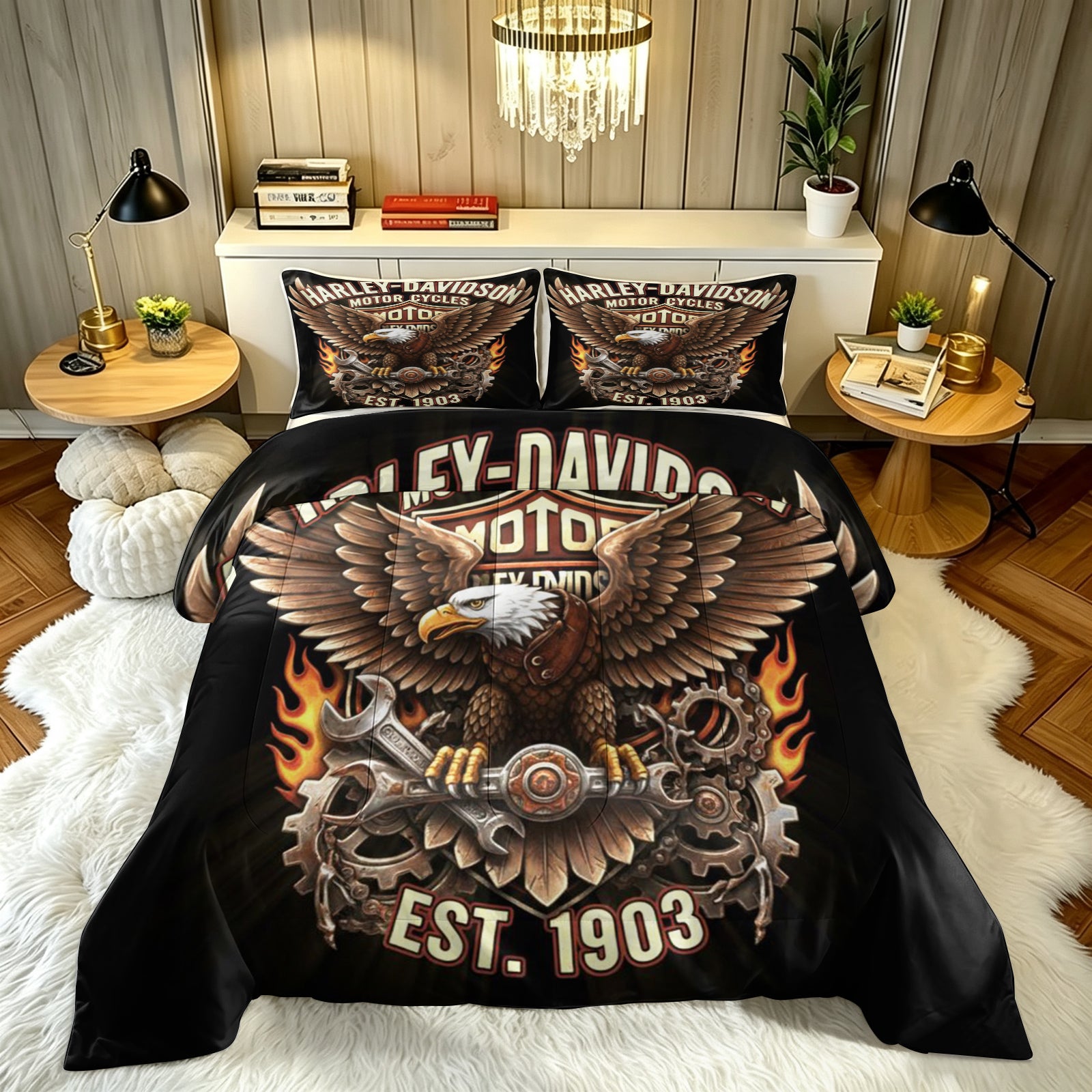 Harley Davidson Motorcycle Comforter Pillowcase Sets Blanket All Season Reversible Quilted Duvet
