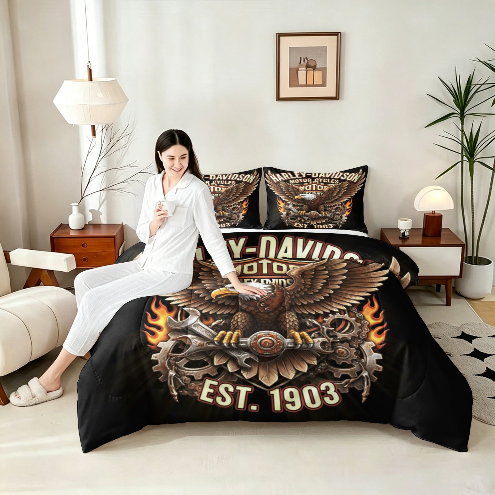 Harley Davidson Motorcycle Comforter Pillowcase Sets Blanket All Season Reversible Quilted Duvet