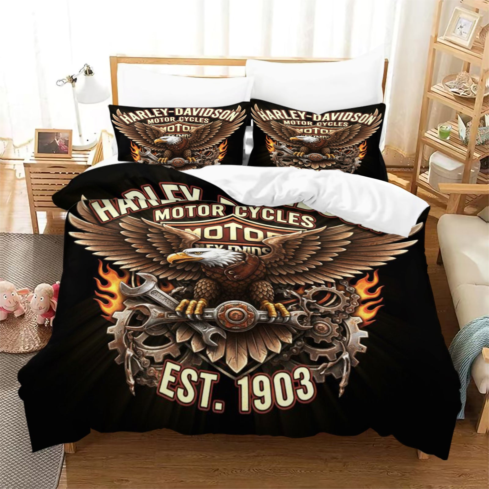 Harley Davidson Motorcycle Duvet Cover Quilt Case Pillowcase Bedding Set Without Filler