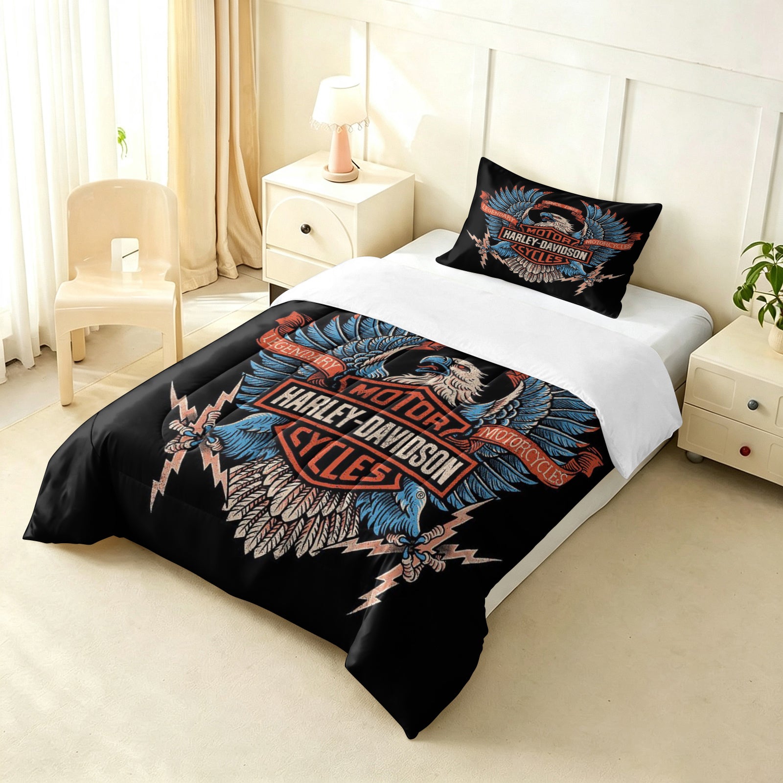 Harley Davidson Motorcycle Comforter Pillowcase Sets Blanket All Season Reversible Quilted Duvet