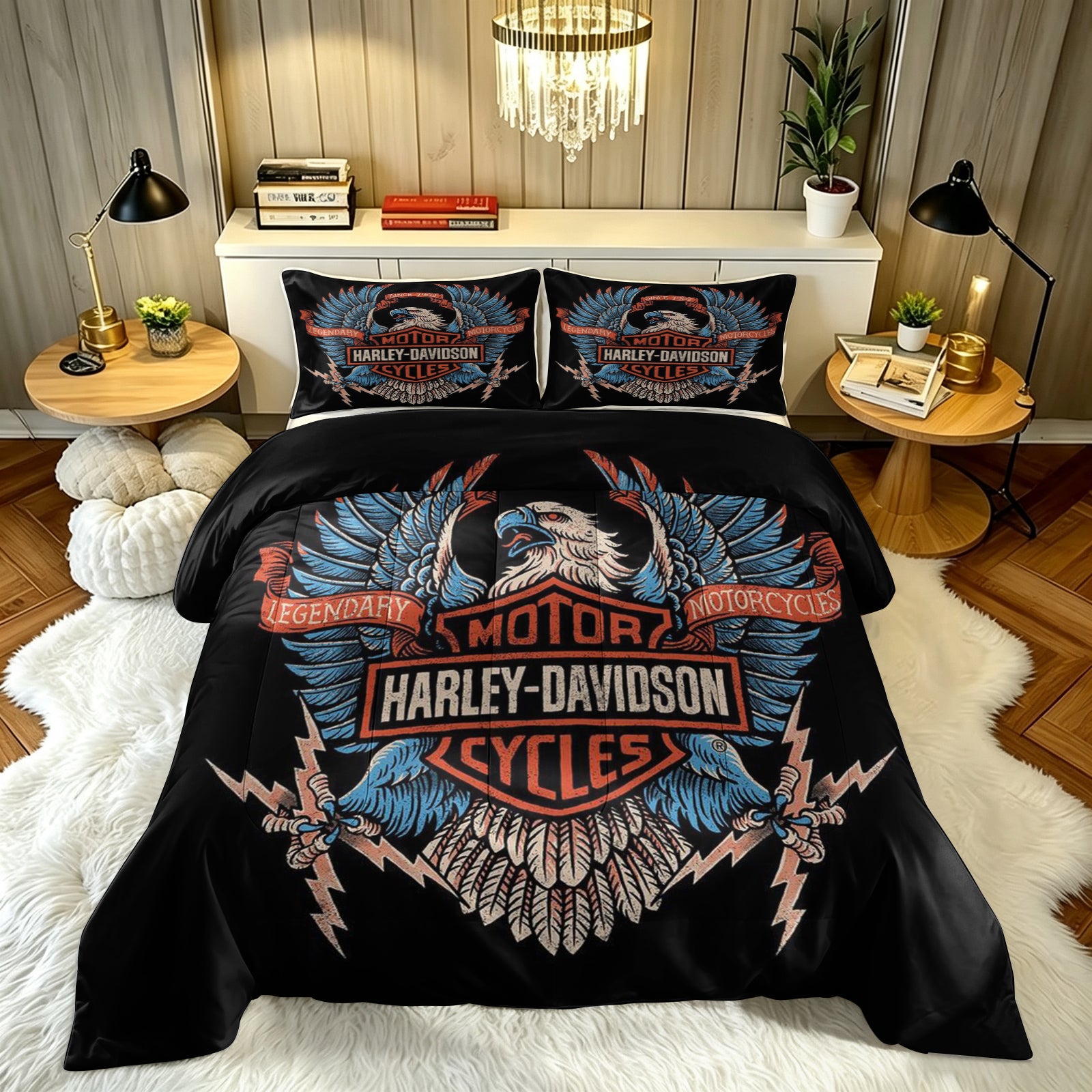Harley Davidson Motorcycle Comforter Pillowcase Sets Blanket All Season Reversible Quilted Duvet