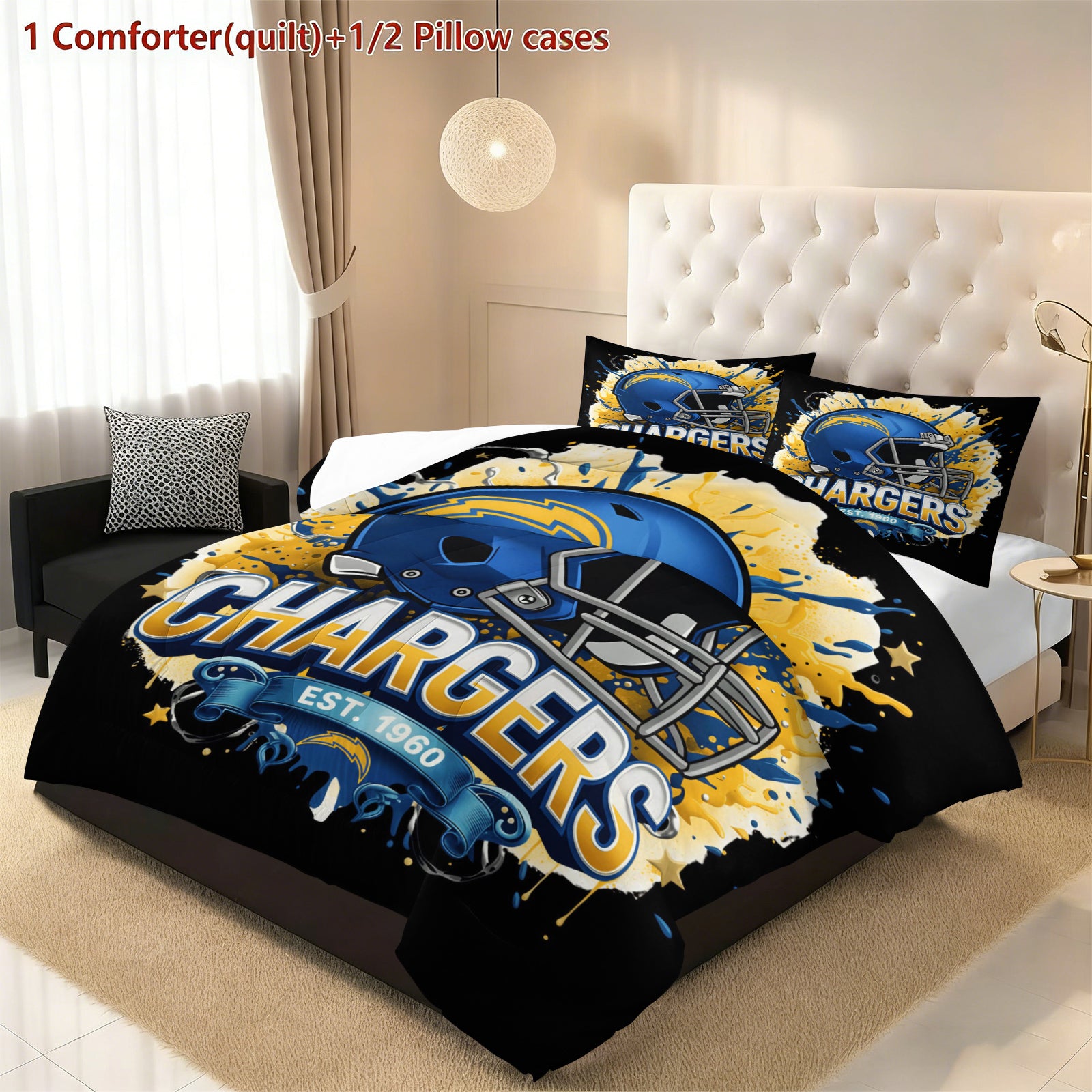 Los Angeles Chargers Comforter Pillowcase Sets Blanket All Season Reversible Quilted Duvet
