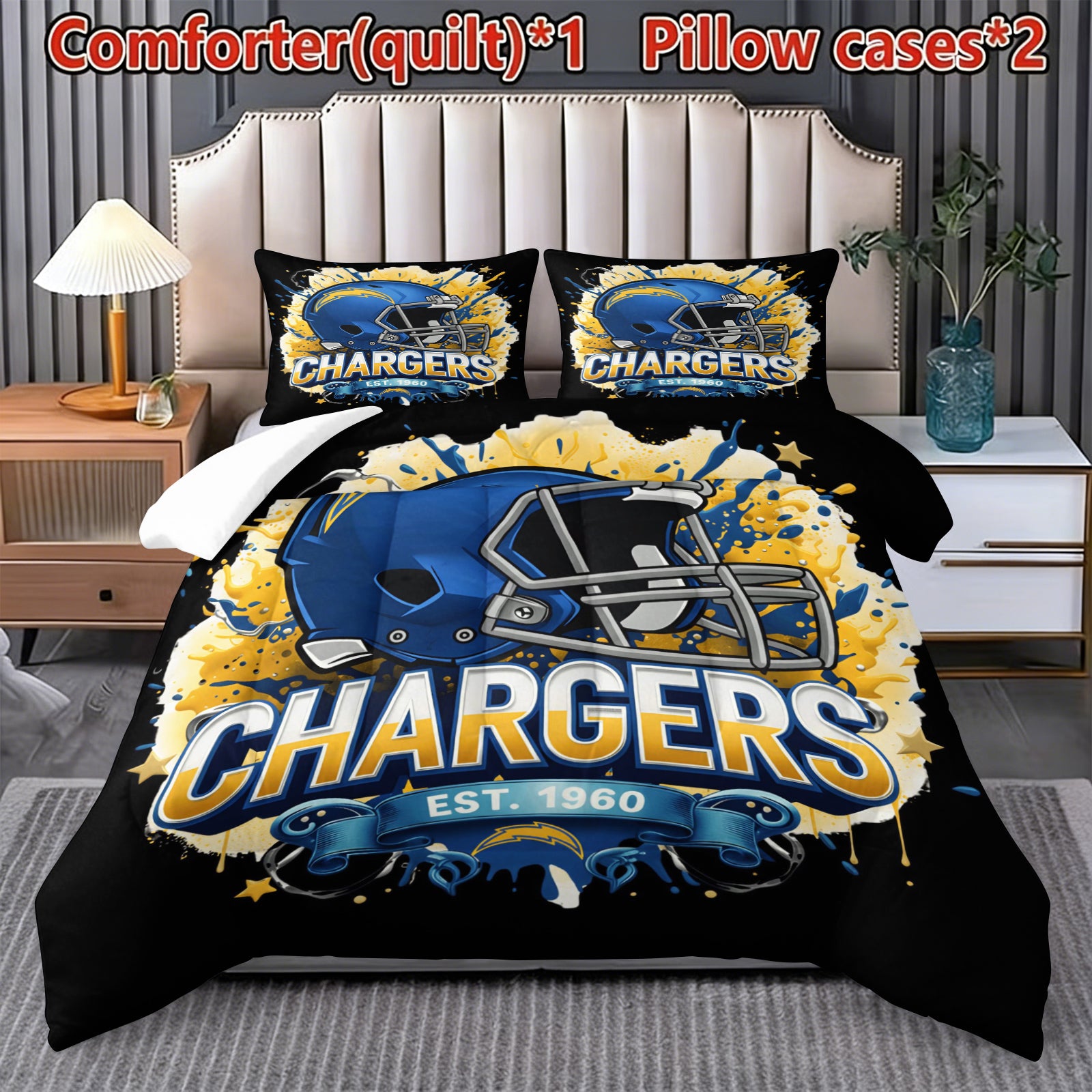 Los Angeles Chargers Comforter Pillowcase Sets Blanket All Season Reversible Quilted Duvet