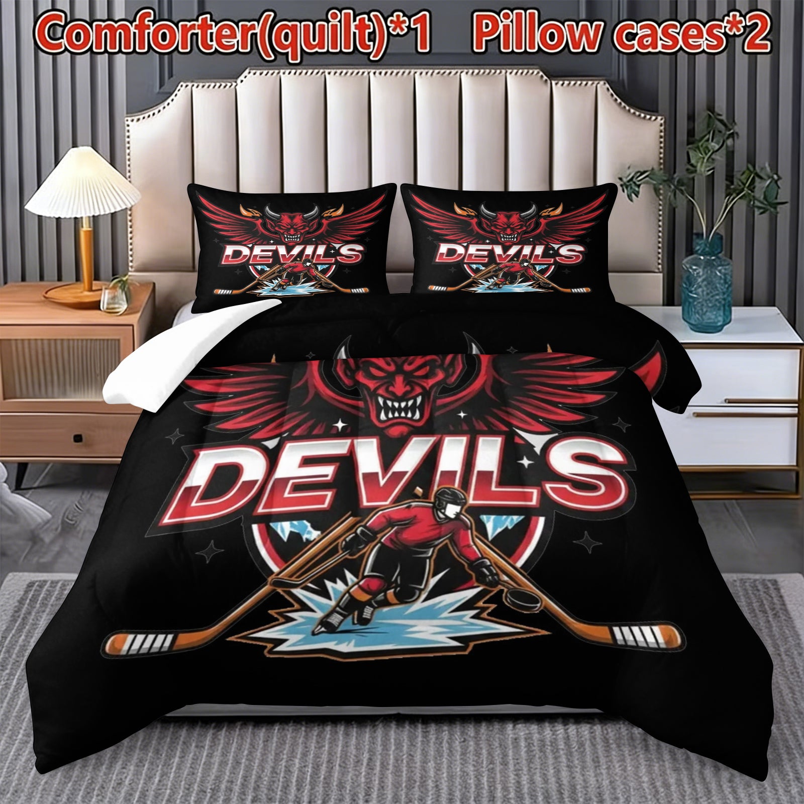 New Jersey Devils Hockey League Comforter Pillowcase Sets Blanket All Season Reversible Quilted Duvet