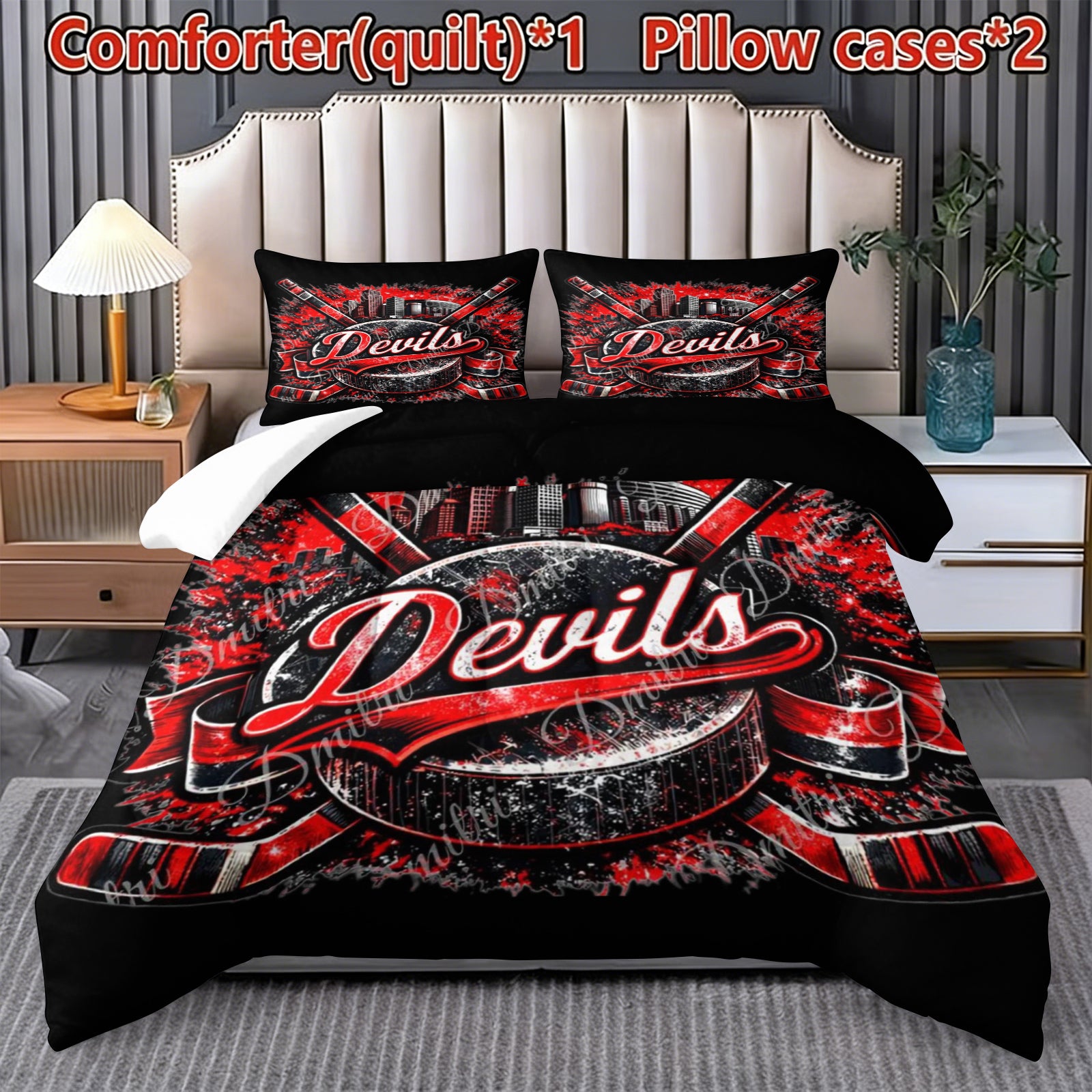 New Jersey Devils Hockey League Comforter Pillowcase Sets Blanket All Season Reversible Quilted Duvet