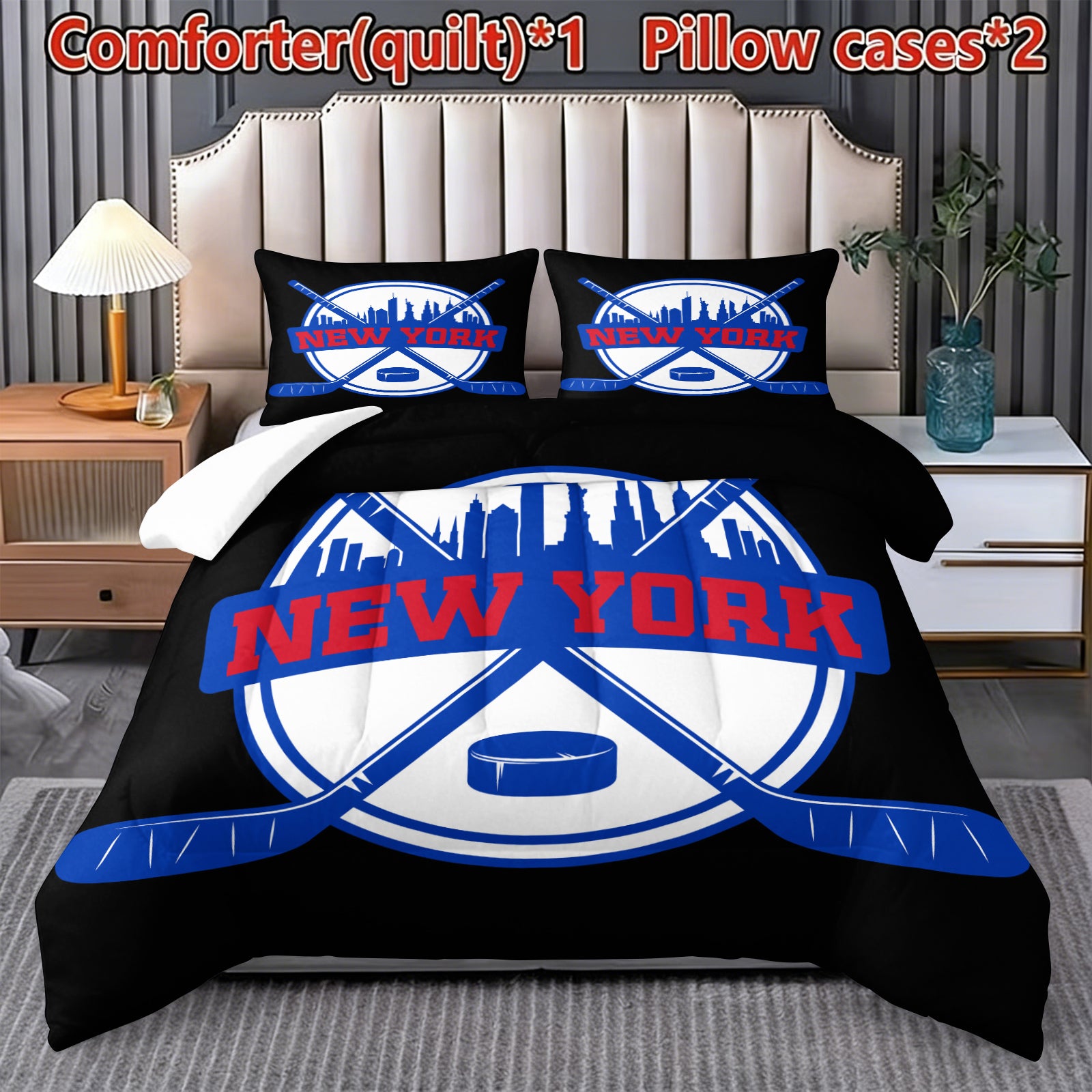 New York Rangers Hockey League Comforter Pillowcase Sets Blanket All Season Reversible Quilted Duvet