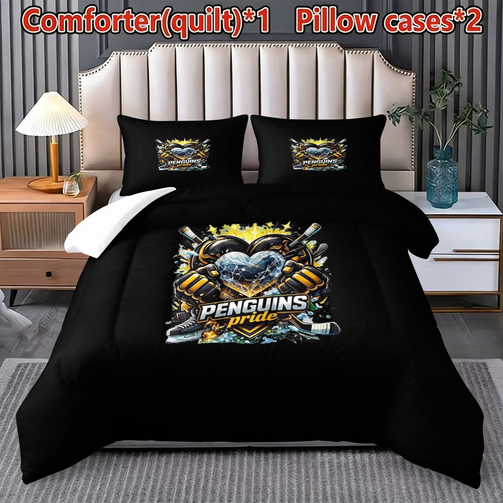 Pittsburgh Penguins Hockey League Comforter Pillowcase Sets Blanket All Season Reversible Quilted Duvet