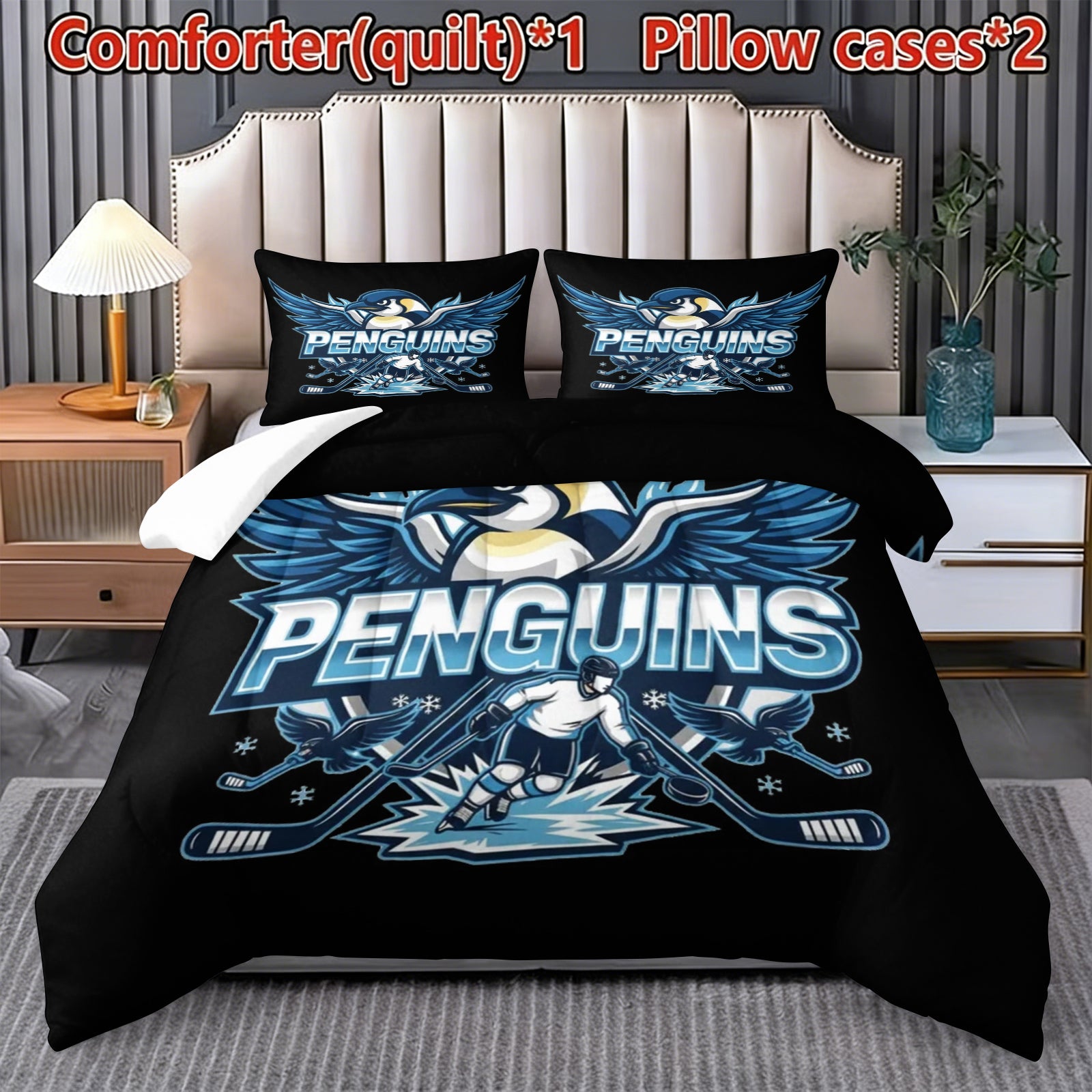 Pittsburgh Penguins Hockey League Comforter Pillowcase Sets Blanket All Season Reversible Quilted Duvet