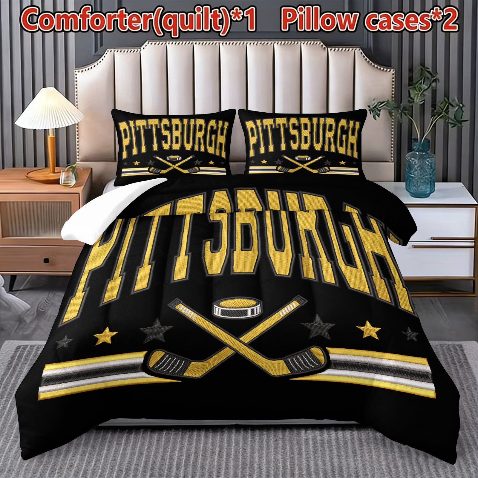 Pittsburgh Penguins Hockey League Comforter Pillowcase Sets Blanket All Season Reversible Quilted Duvet