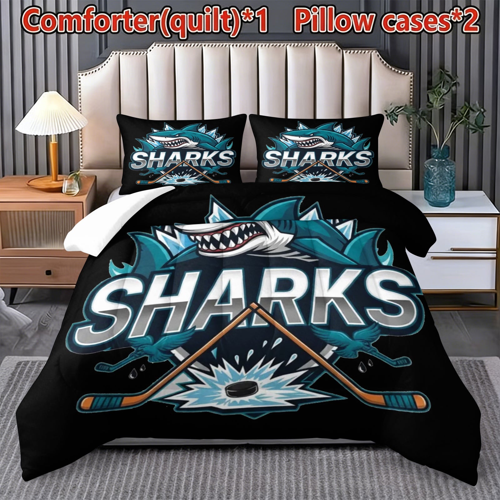 San Jose Sharks Hockey League Comforter Pillowcase Sets Blanket All Season Reversible Quilted Duvet