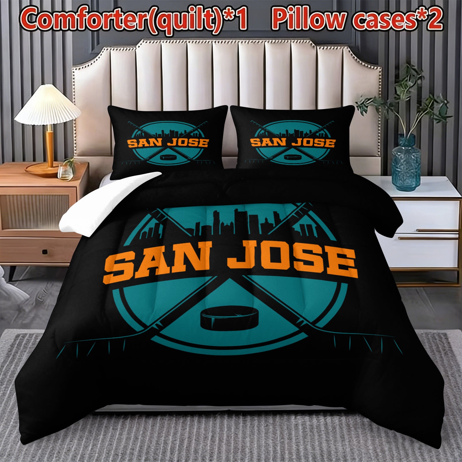 San Jose Sharks Hockey League Comforter Pillowcase Sets Blanket All Season Reversible Quilted Duvet